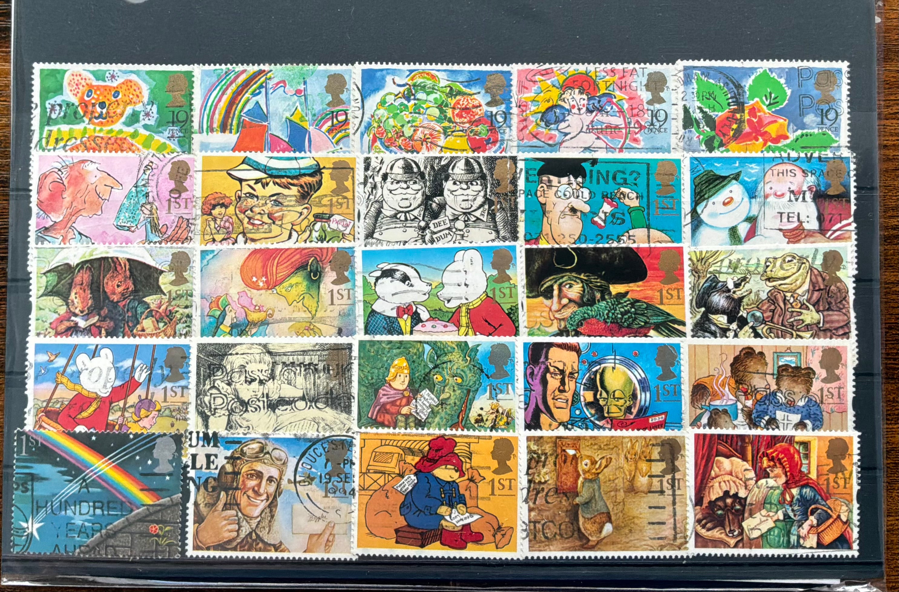 100 Royal Mail Greetings Stamps on 4 Stock Cards - Quentin Blake, Paddington, & Peter Rabbit - LOT ST593