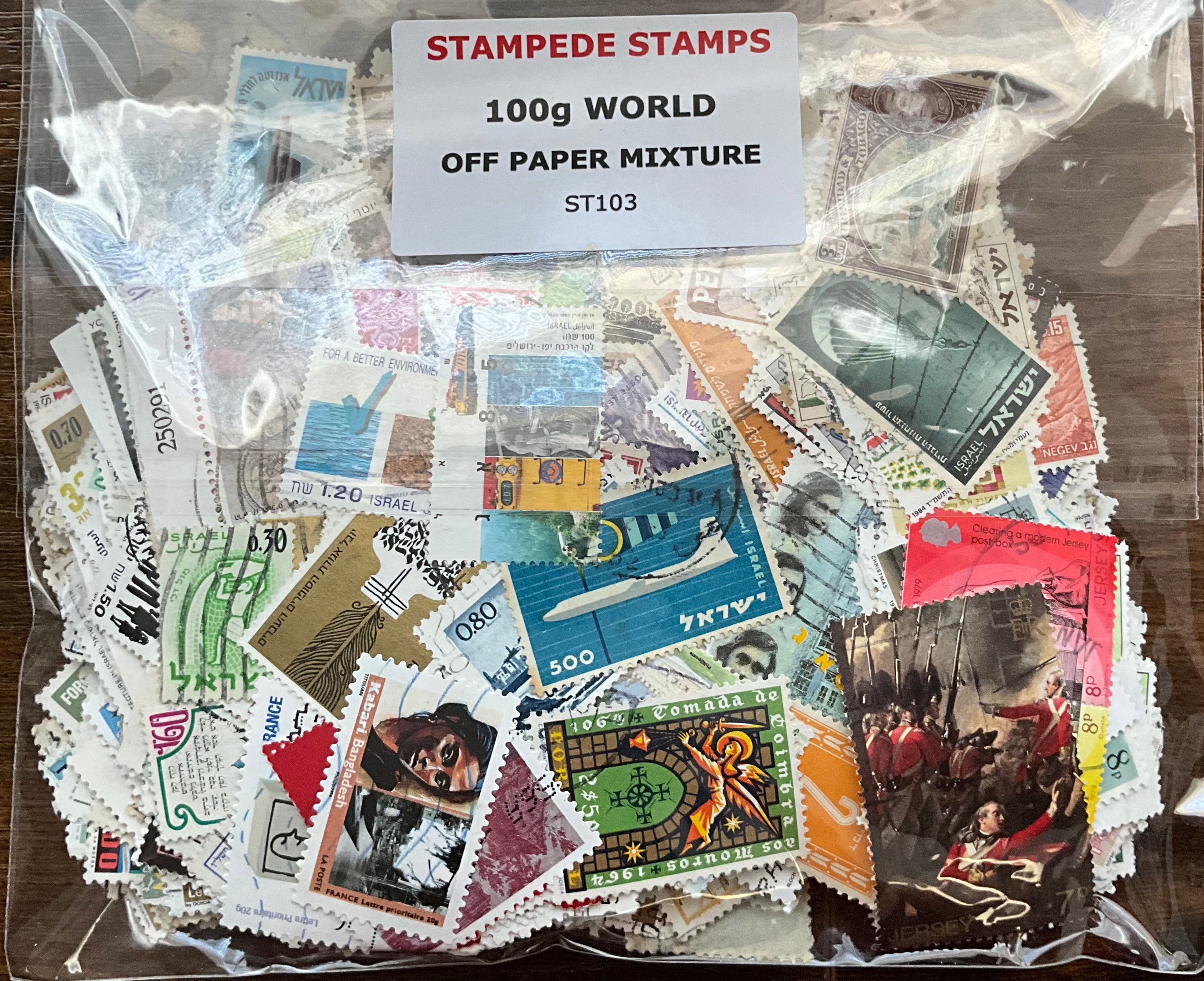 100g World Off-Paper Stamp Mixture - 800+ Stamps - Huge International Variety. Unsorted and off-paper - LOT ST103