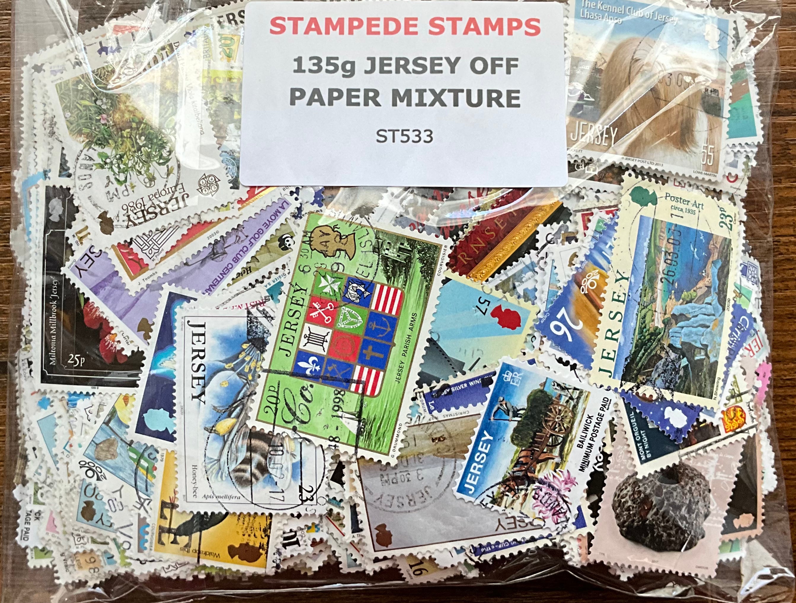 135g Jersey Off-Paper Stamp Mixture - 900+ Stamps - Modern & Vintage Regionals - LOT ST533