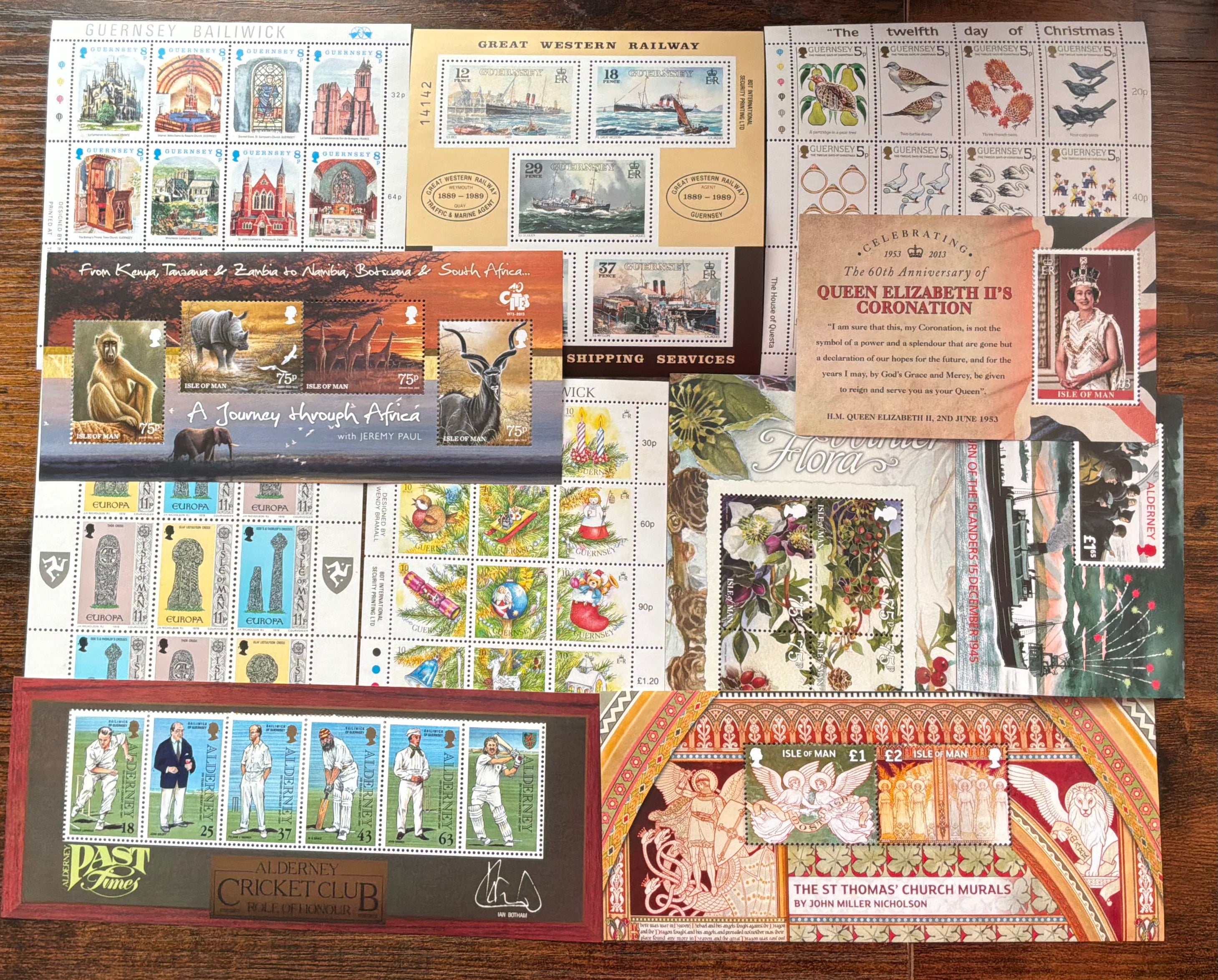 Premium Lot of Isle of Man & Guernsey Commemorative Stamp Sheets - Royalty, Wildlife, & Transport