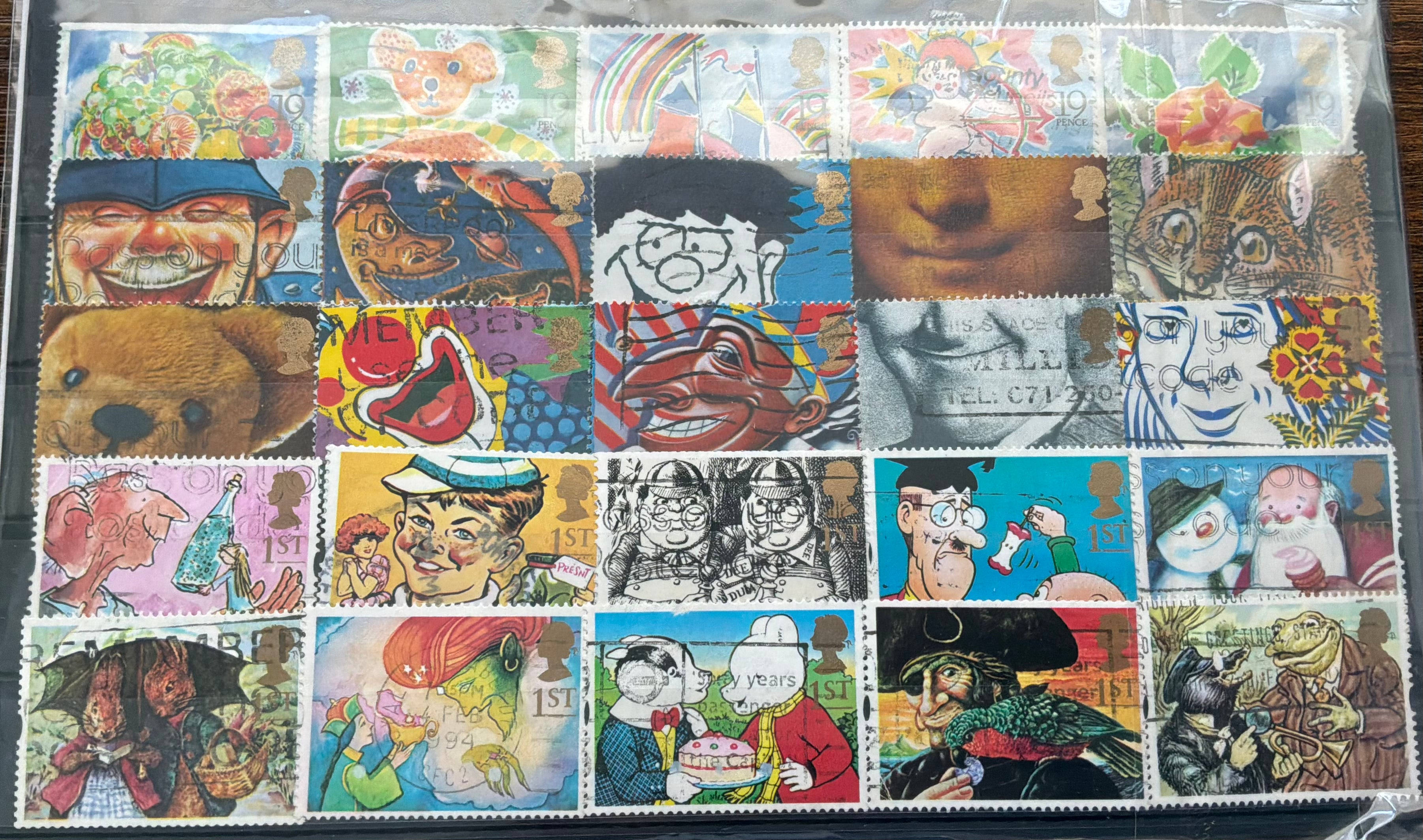100 Mixed Royal Mail Greetings Stamps on 4 Stock Cards - VFU - Paddington, Snowman & Quentin Blake