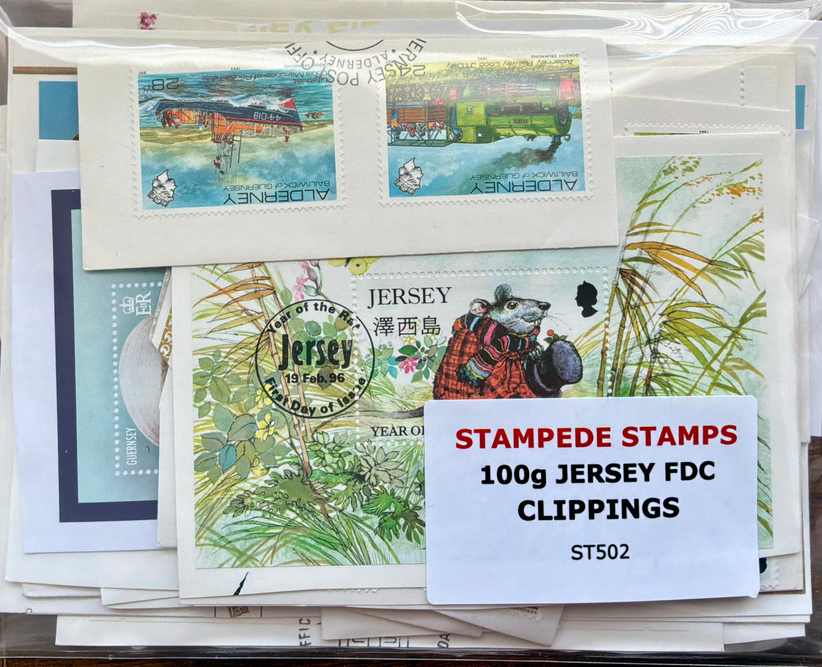 100g Jersey & Alderney FDC Clippings - 1996 Year of the Rat, Lifeboats & CDS Cancels (ST502)