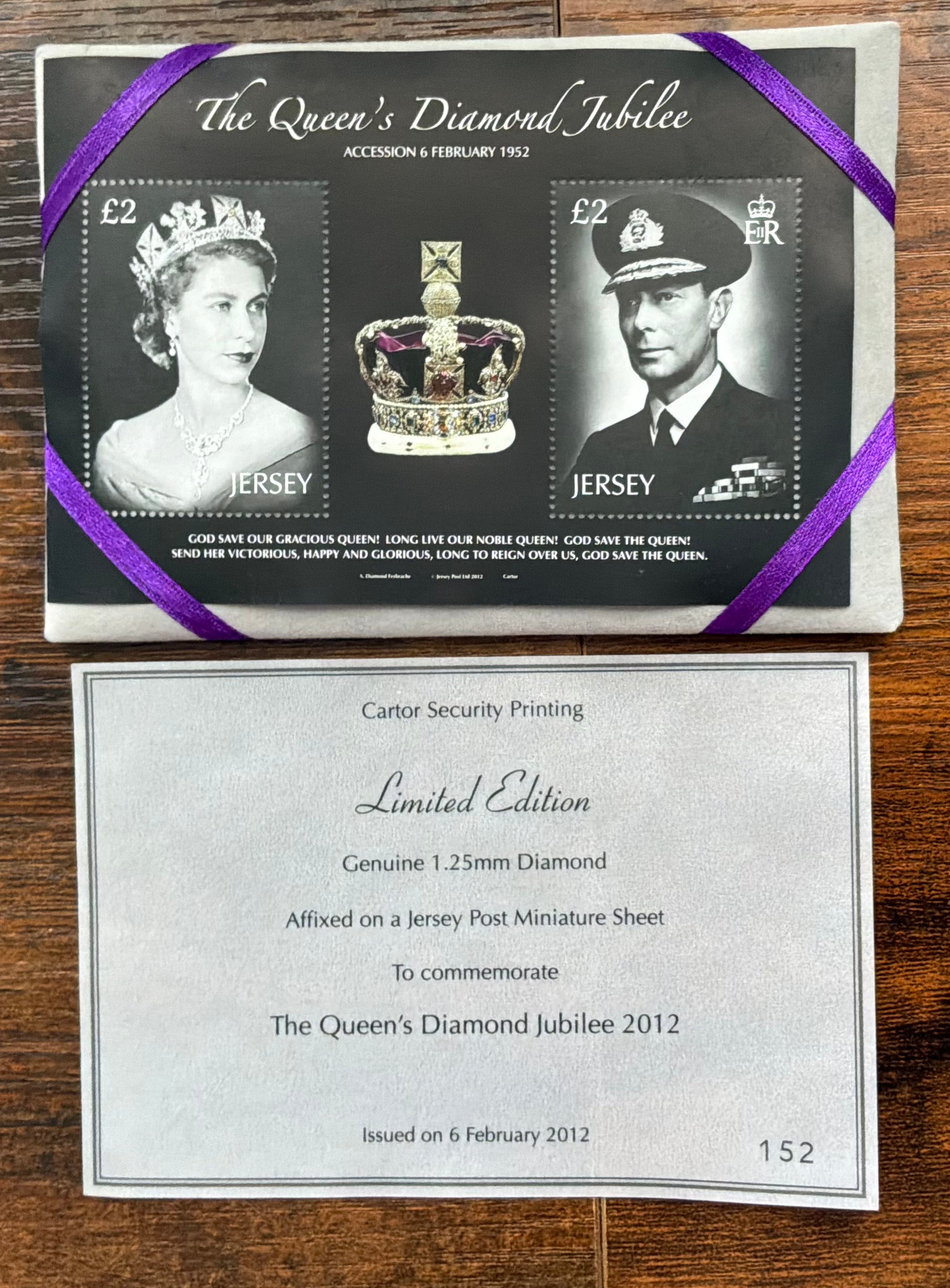 Rare Jersey 2012 Queen's Diamond Jubilee Miniature Sheet - Genuine 1.25mm Diamond - Limited Edition #152