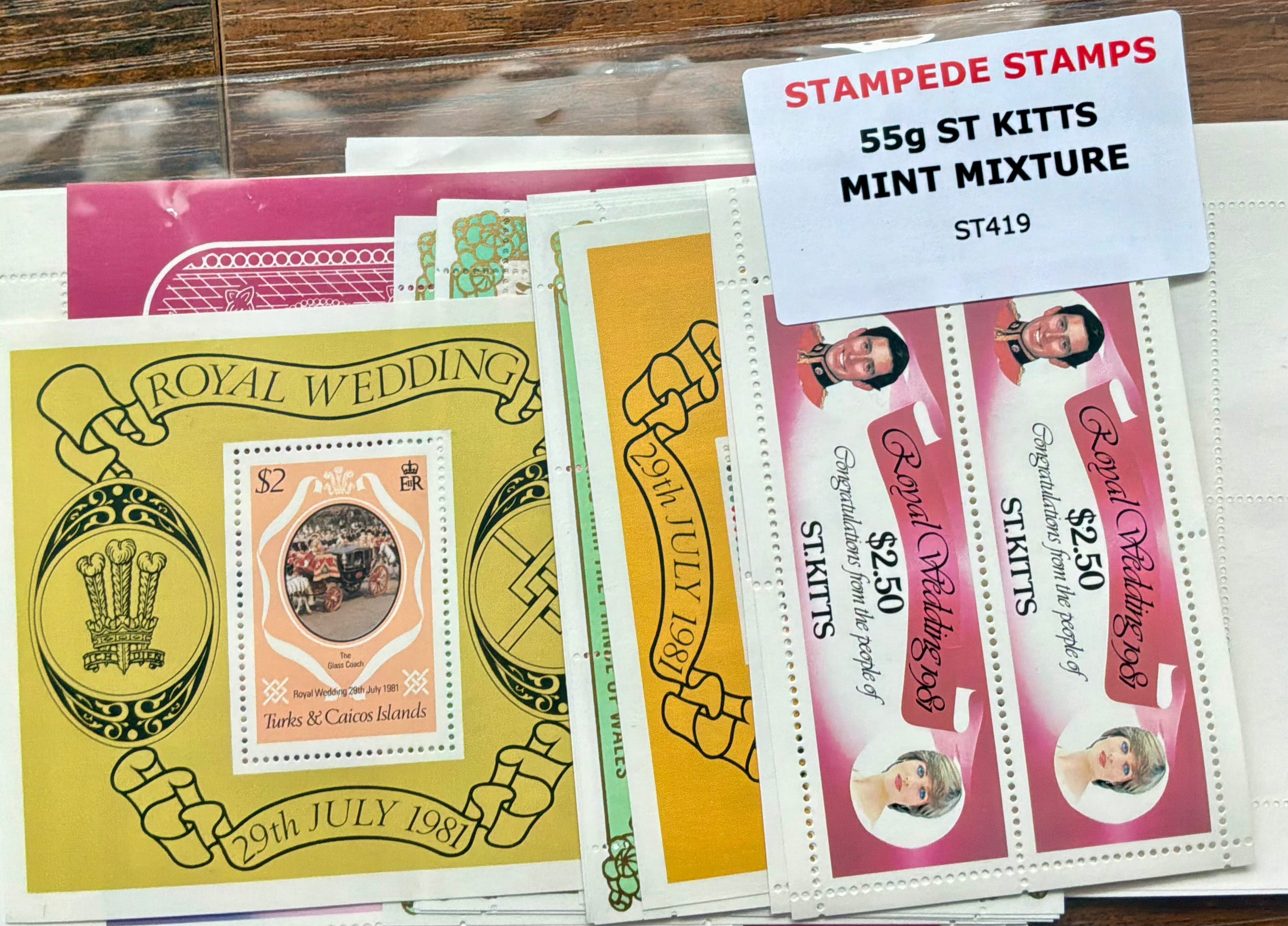 55g St Kitts Mint Stamp Mixture - 1981 Royal Wedding Sheets & Sheetlets (ST419)