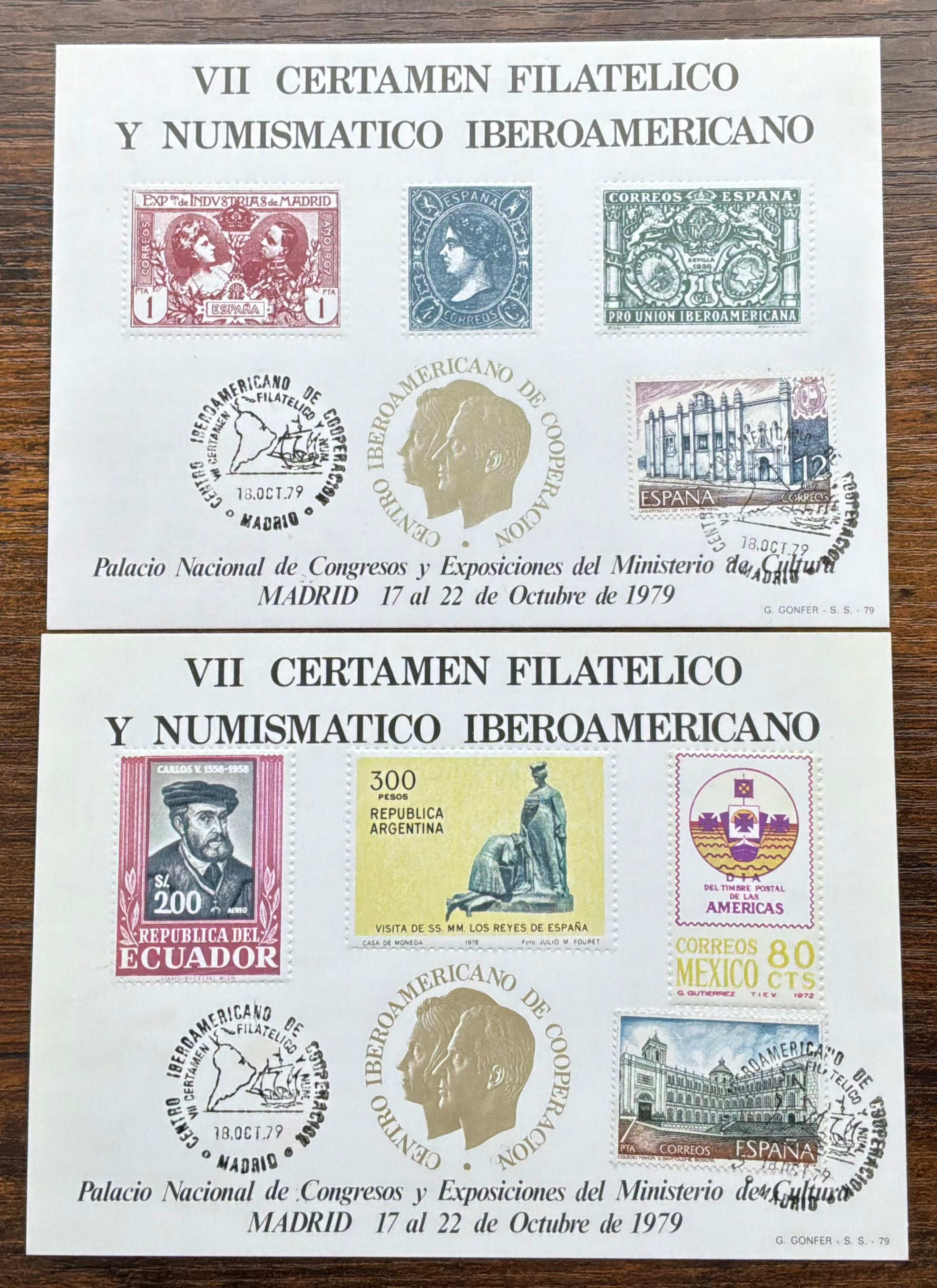 Spain 1979 VII Certamen Filatélico y Numismático Iberoamericano - Pair of Souvenir Sheets - LOT ST618