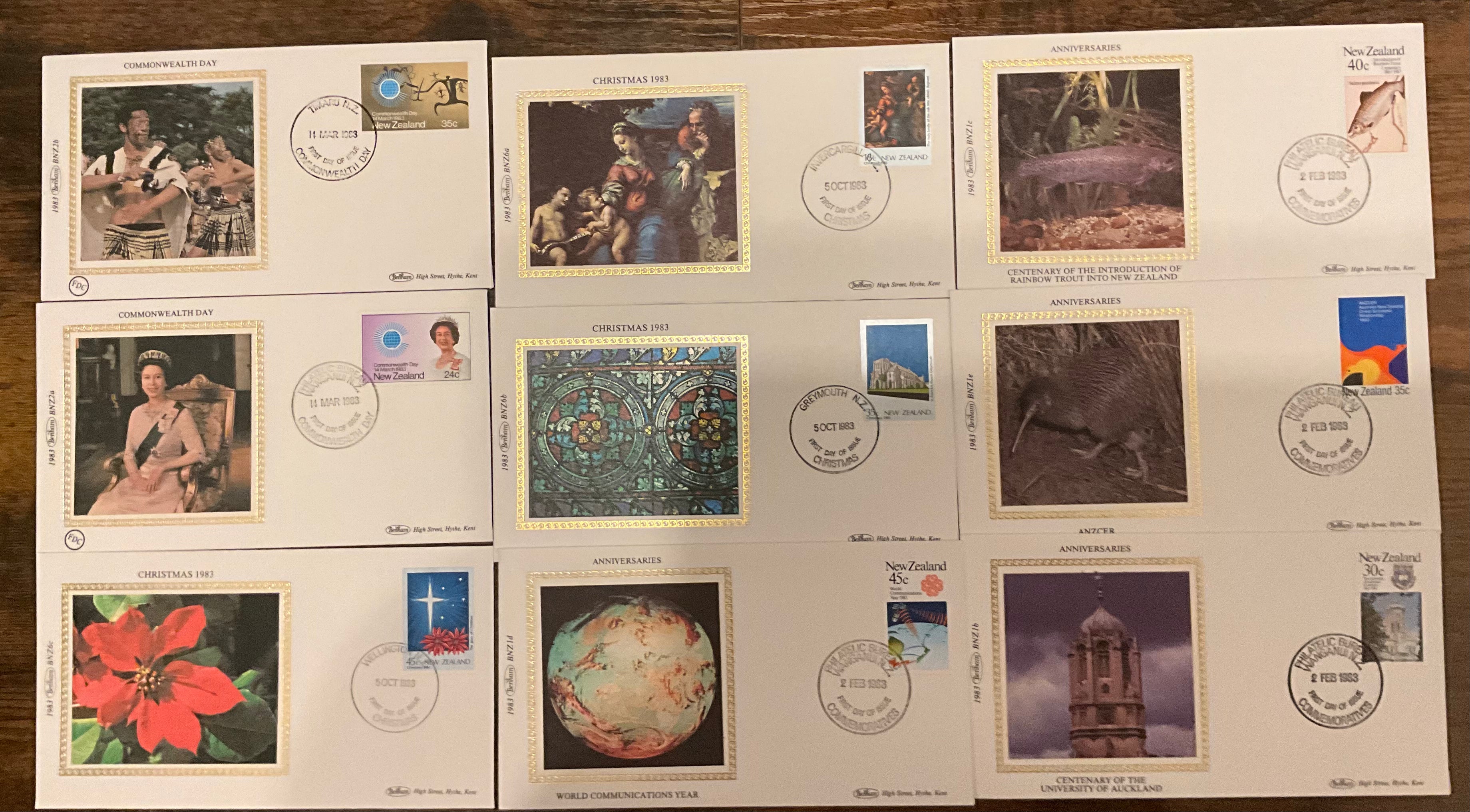Collection of 9 New Zealand Benham Silk FDCs - 1983 Queen Elizabeth II, Kiwi, Christmas (LOT C2307)*