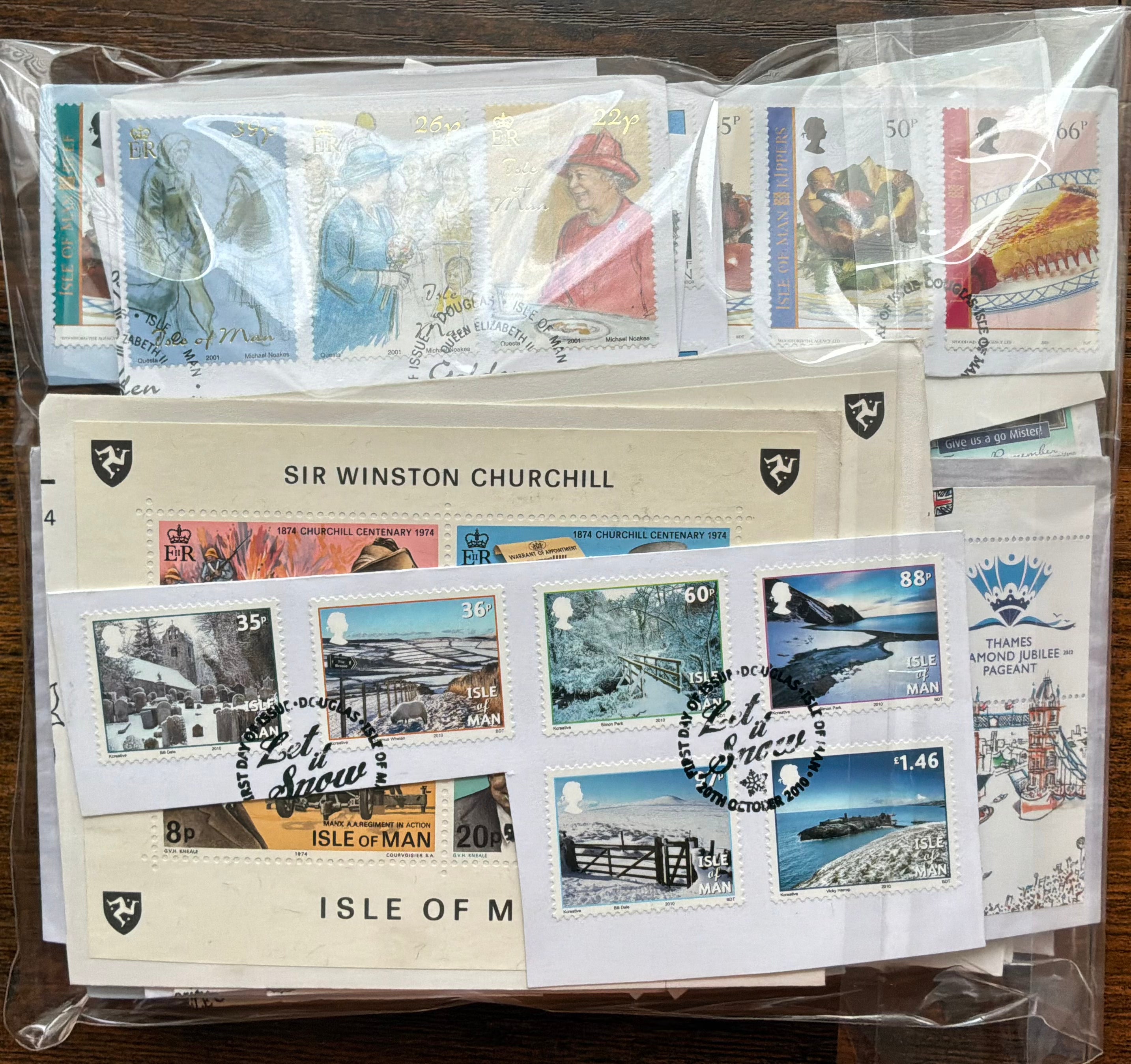 Isle of Man Stamp Lot 280g - Mixed FDCs & Kiloware - Churchill, Jubilee, Christmas (LOT G2720)