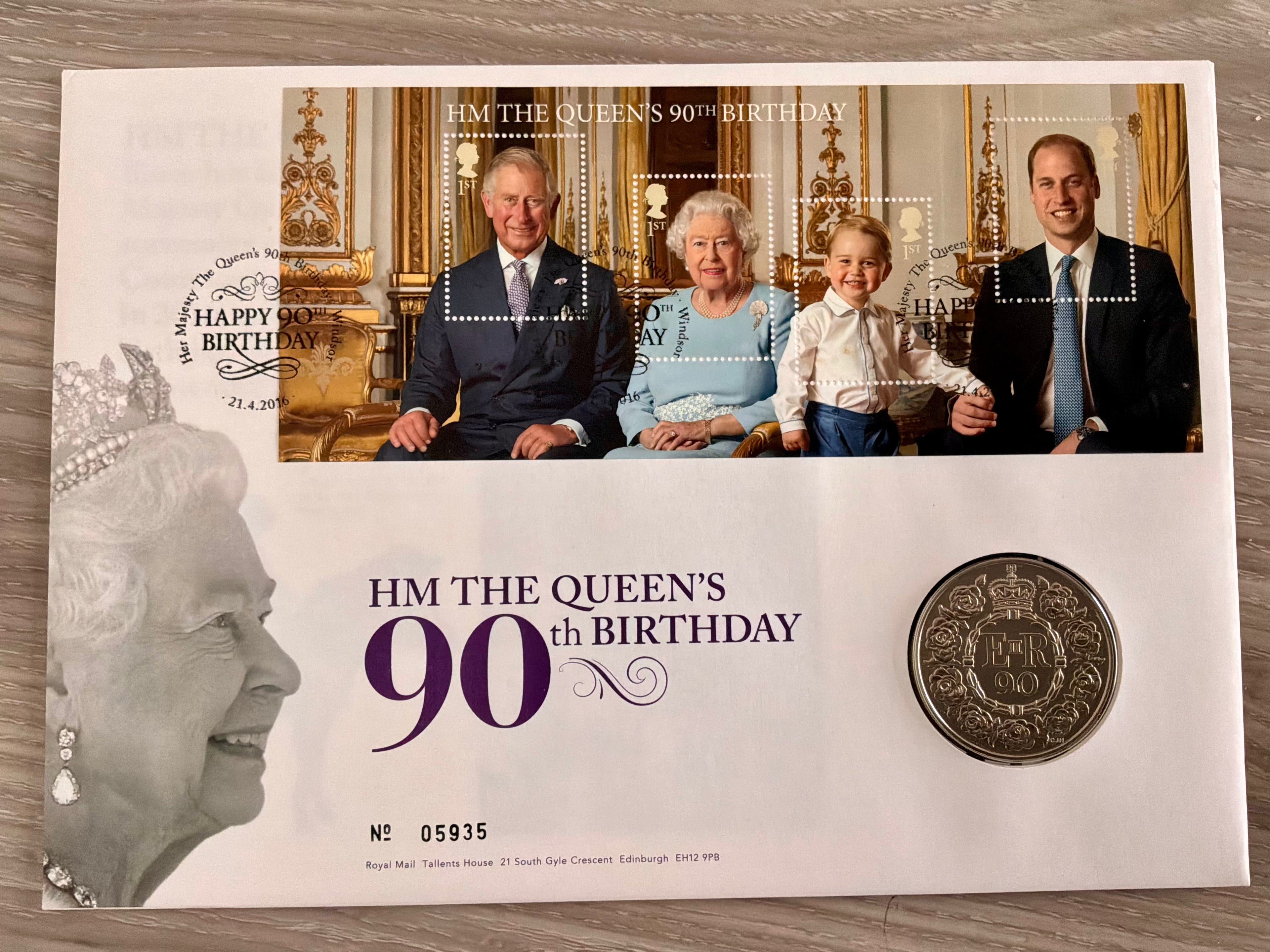 Royal Mail 2016 HM Queen Elizabeth II 90th Birthday Medal Cover – Numbered Limited Edition – MNH stamps with commemorative medal."