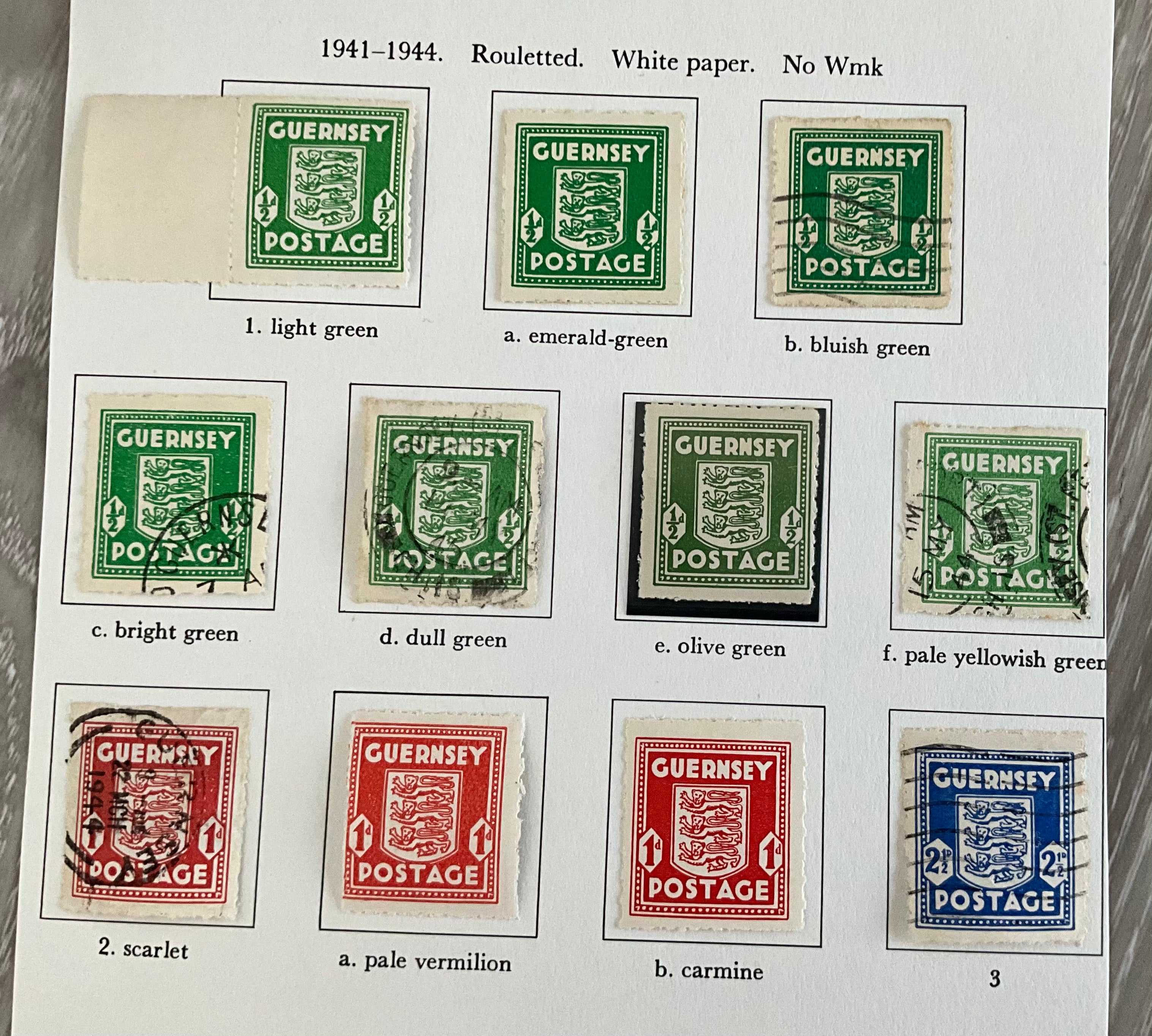 WWII Guernsey German Occupation Stamp Collection - 1941-44 Arms Set - Shade Varieties