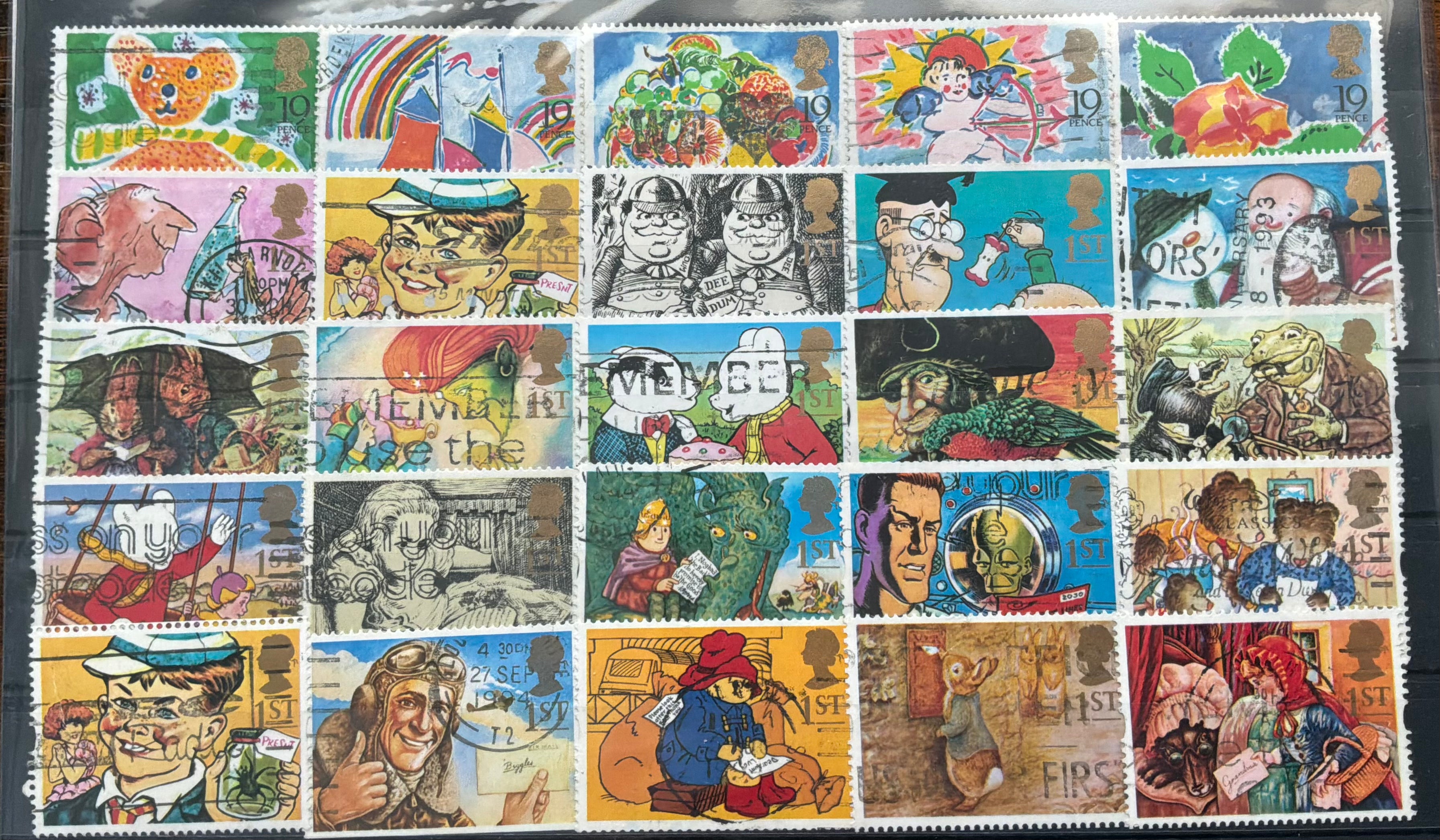 100 Mixed Royal Mail Greetings Stamps (1990-1994) - 4 Stock Cards - VFU - Paddington, Peter Rabbit & Snowman - LOT ST596