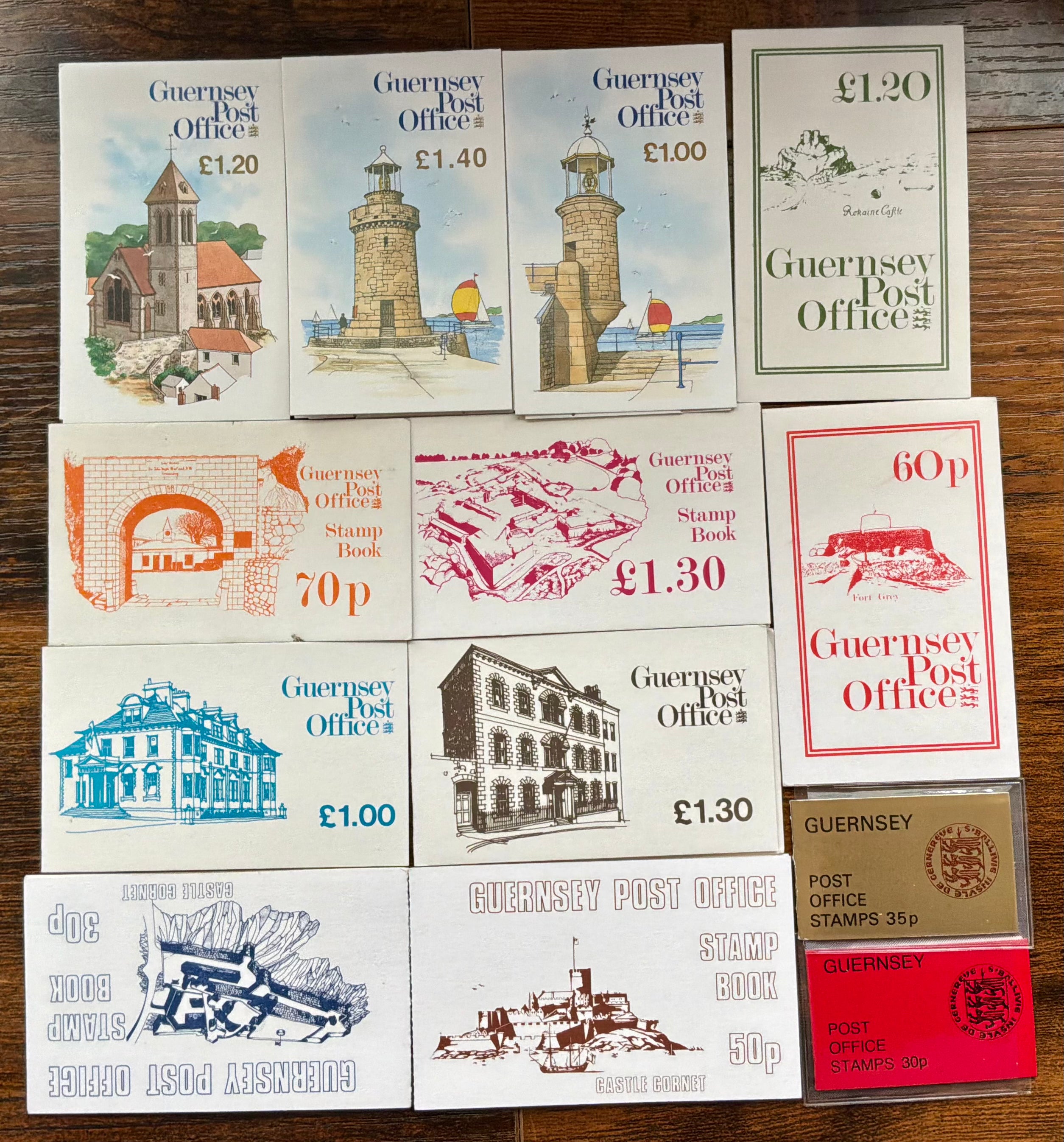 Collection of 13 Guernsey Post Office Stamp Booklets - 1980s Heritage & Architecture Series - Mint Unexploded