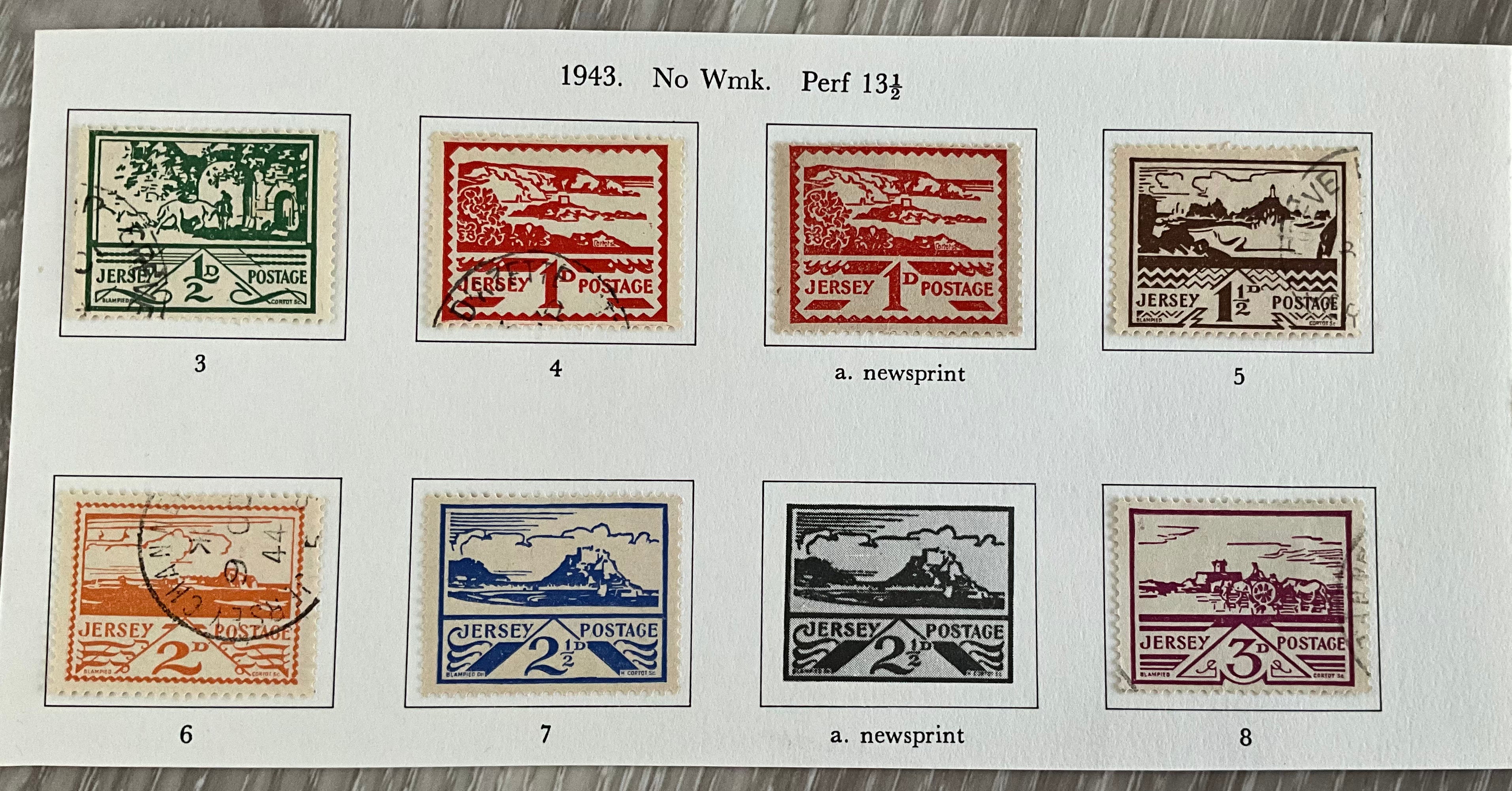 WWII Jersey German Occupation Stamp Collection - 1943 Blampied Views - Newsprint Varieties