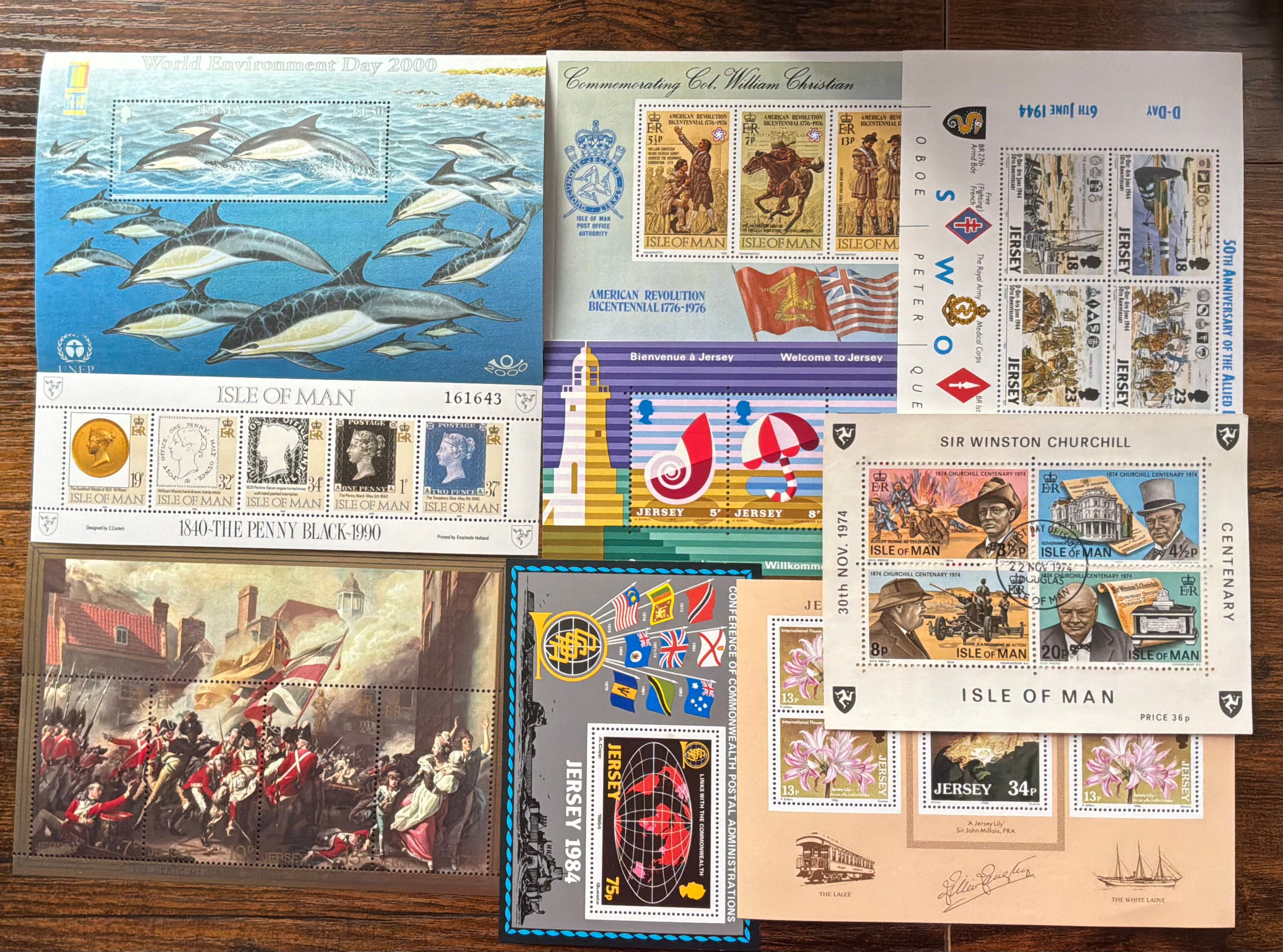 Collection of 10 Isle of Man & Jersey Commemorative Miniature Sheets (1974–2000), Mint Never Hinged (MNH)