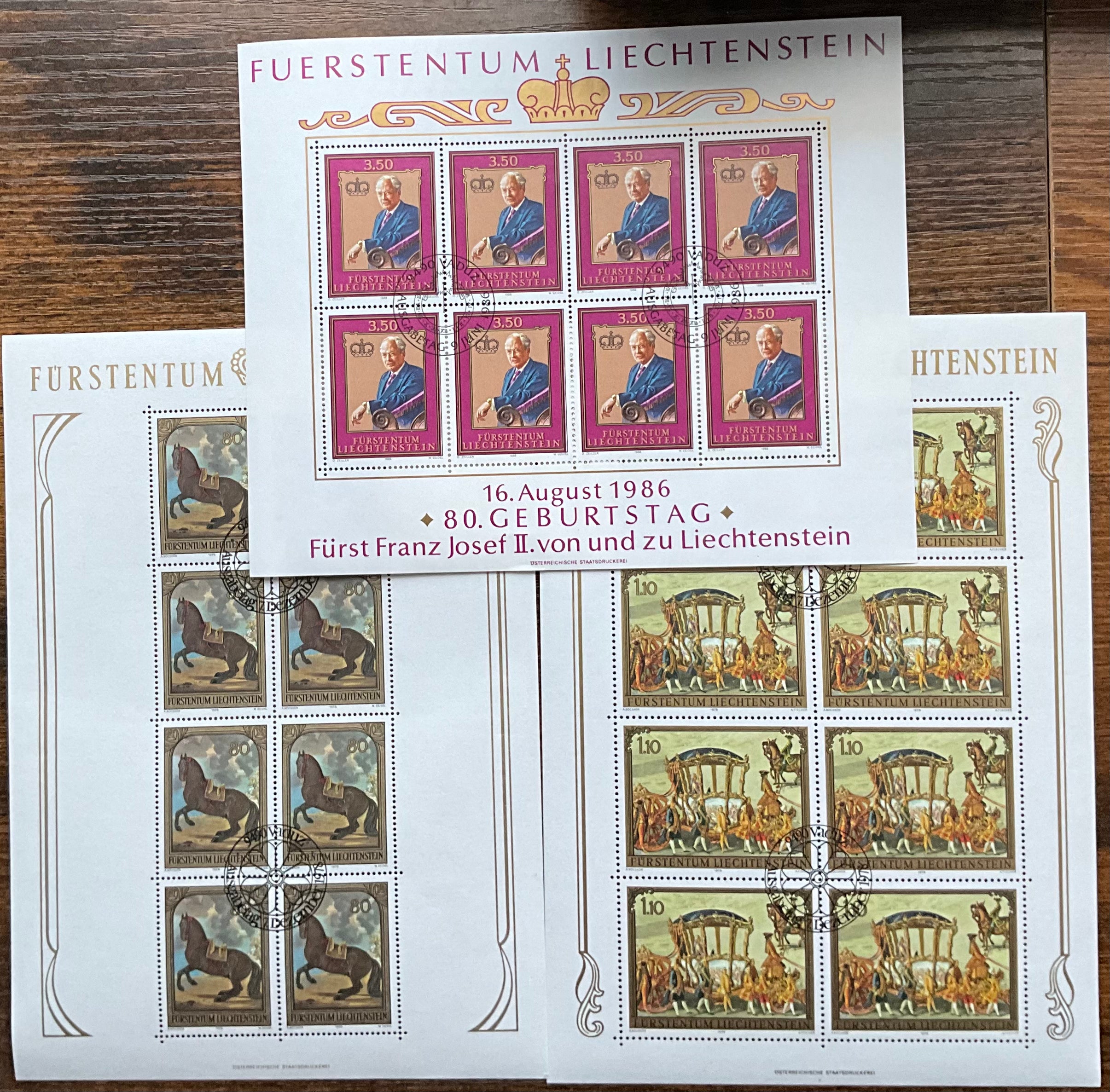Liechtenstein 1983 & 1986 Commemorative Stamp Sheets – Prince Franz Josef II 80th Birthday & Princely Carriage Collection – (LOT H2801)