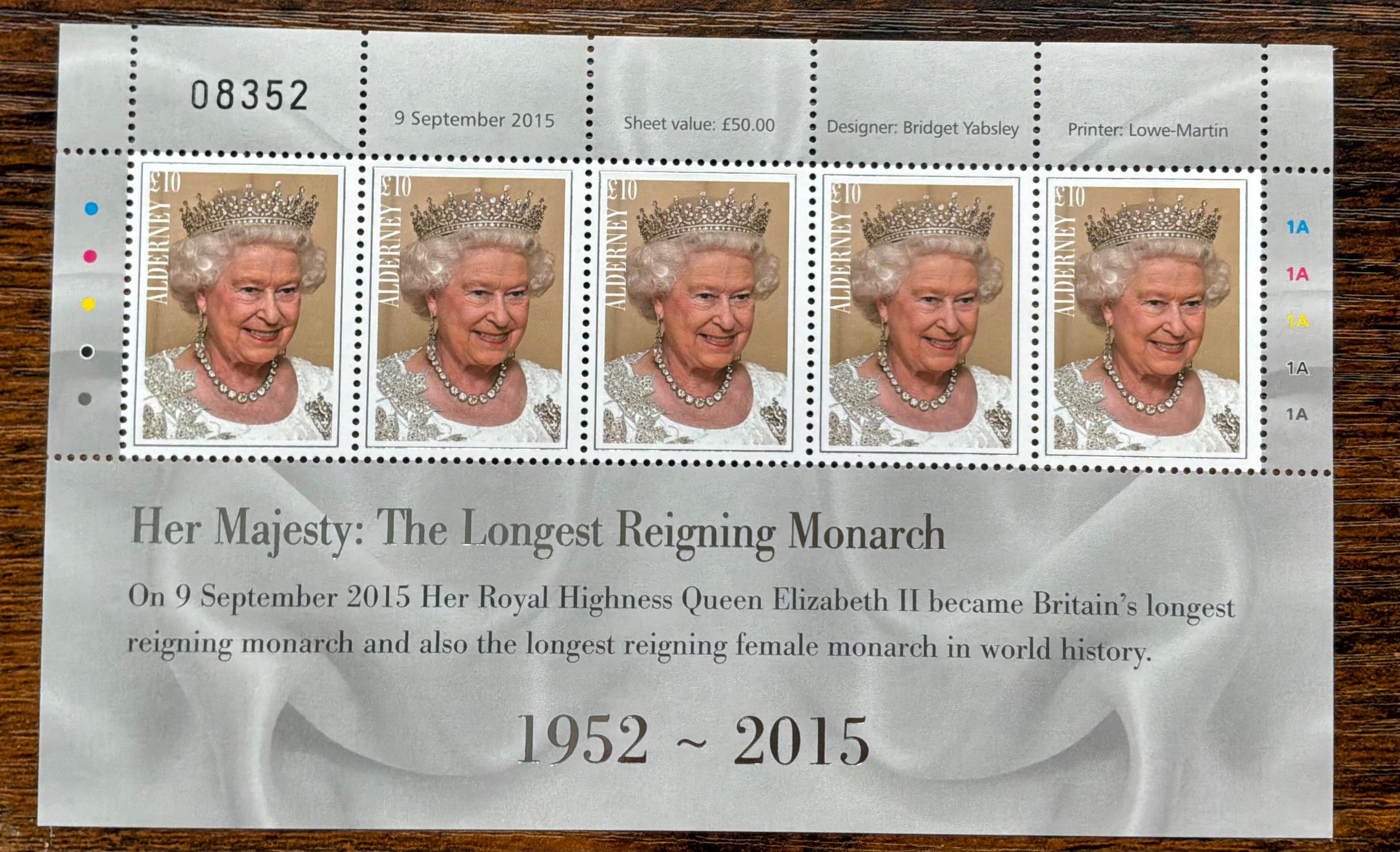 Alderney 2015 Longest Reigning Monarch £10 Strip of 5 - Mint Never Hinged (MNH) (LOT G2727)*