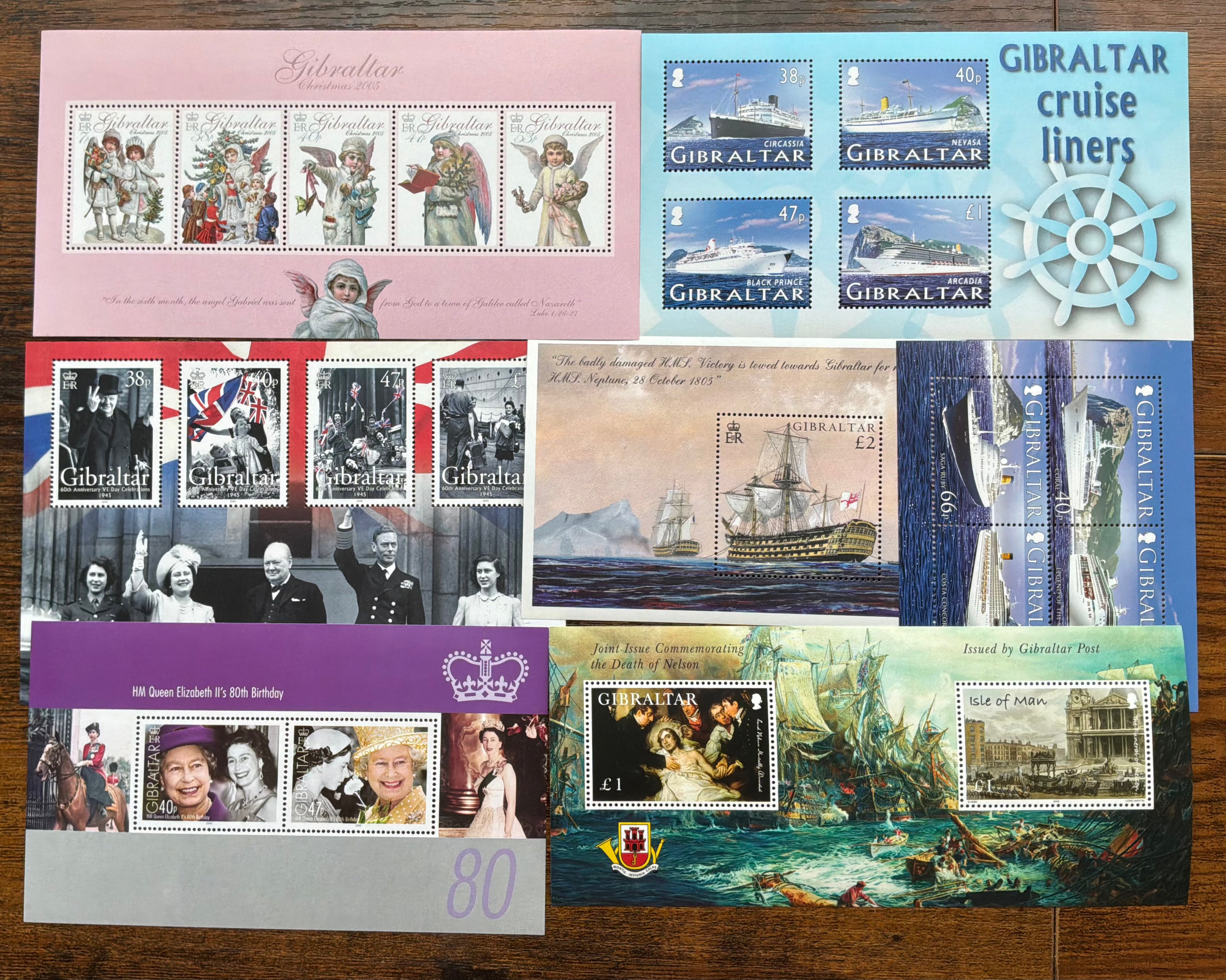 Gibraltar 2005-2006 Mint Miniature Sheet Collection (7) - Royalty, Trafalgar, Ships, WWII (LOT G2708)