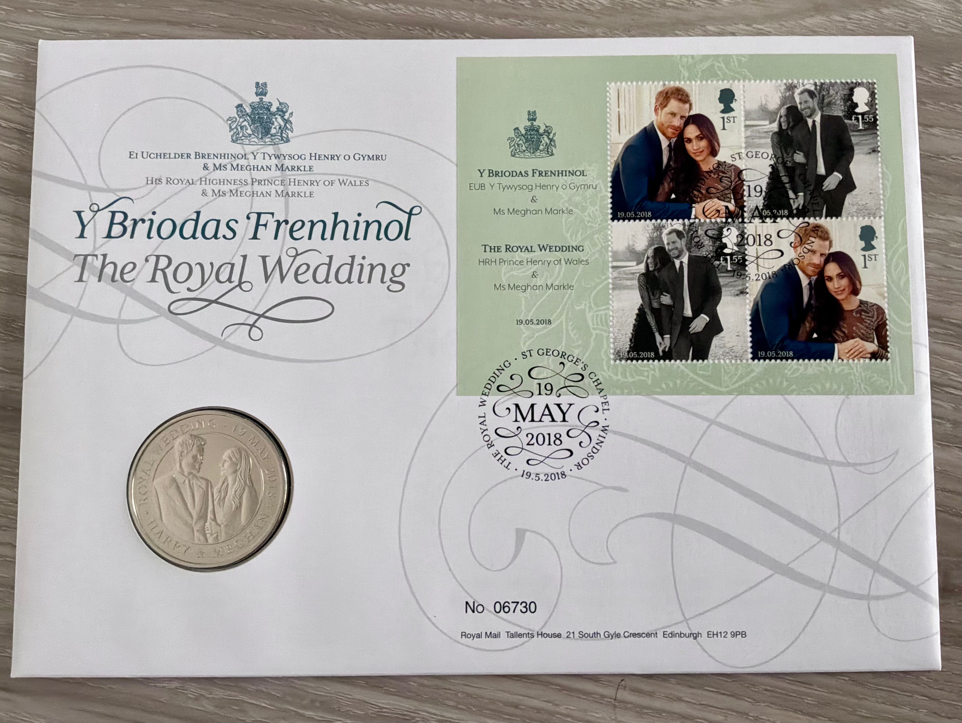 2018 Royal Mail & Royal Mint Harry and Meghan Wedding Medal Cover – Limited Edition No. 06730 – MNH stamps with commemorative medal."