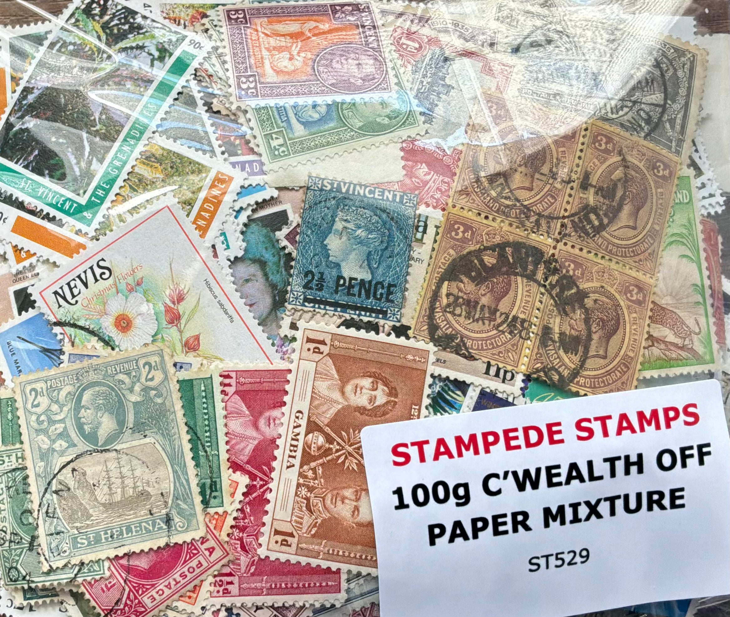 100g Vintage British Commonwealth Stamp Mixture - St. Helena, Gambia, Nevis, MNH/Used - LOT ST529