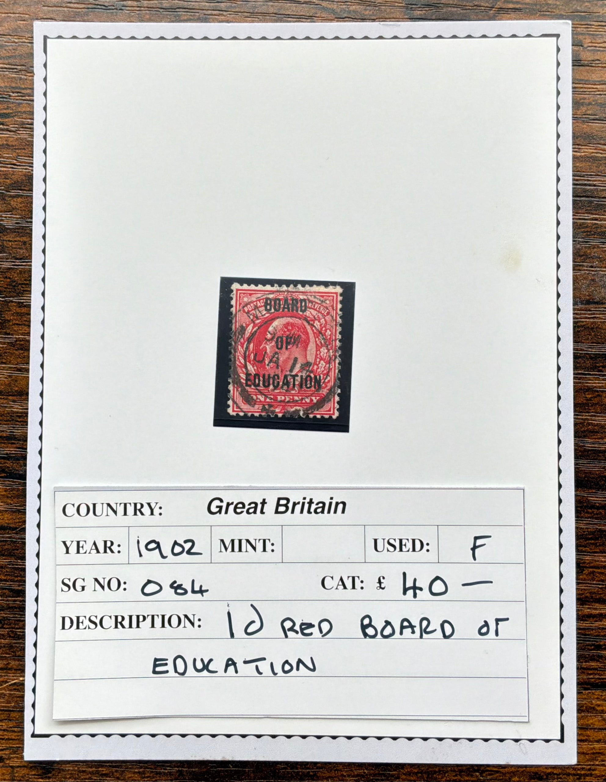 GB 1902 King Edward VII 1d Scarlet - 'Board of Education' Official Overprint - SG O84 Used (LOT G2705)