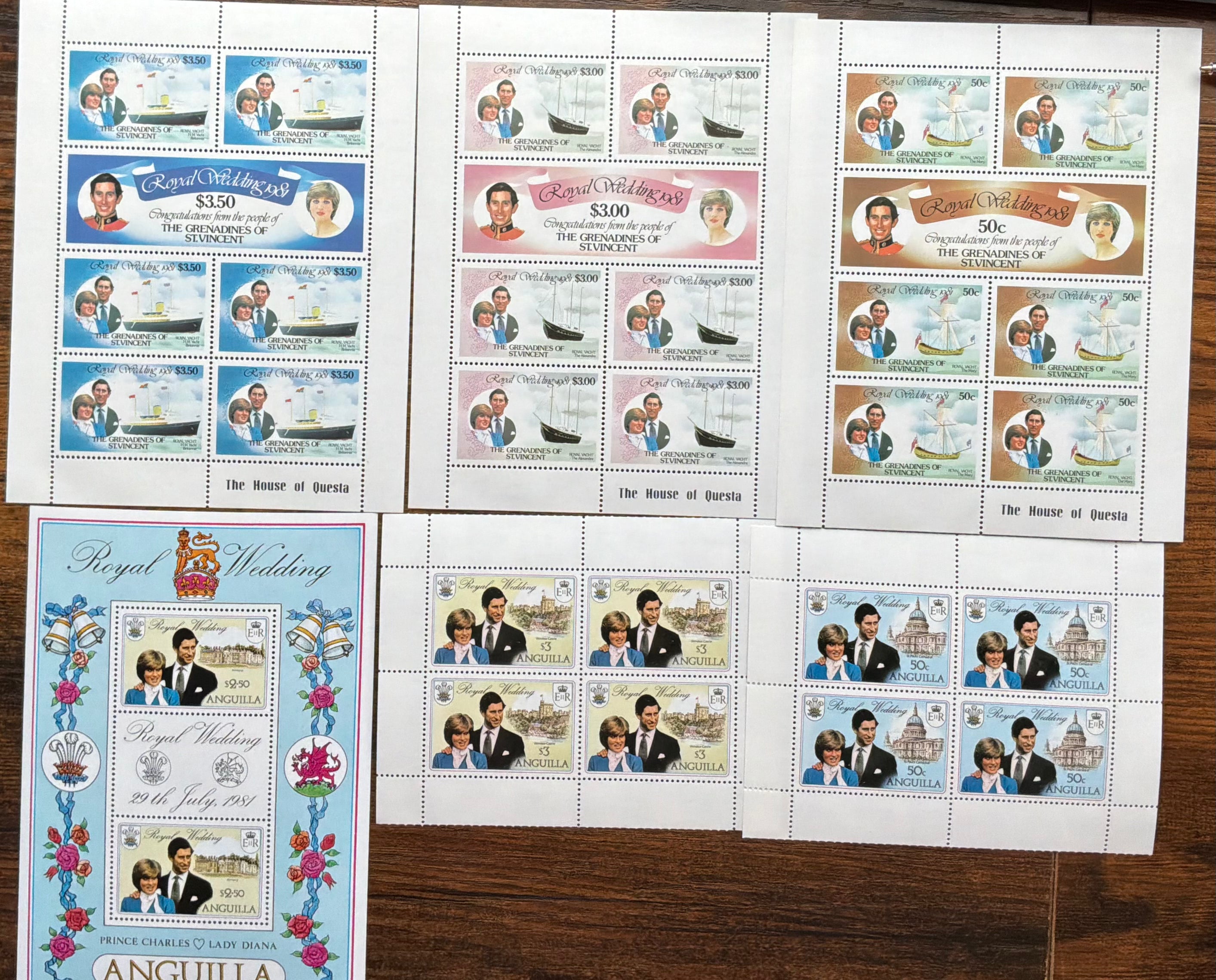 1981 Royal Wedding Prince Charles & Diana Stamp Collection - MNH Mint Sheetlets - Anguilla & St. Vincent - LOT ST654