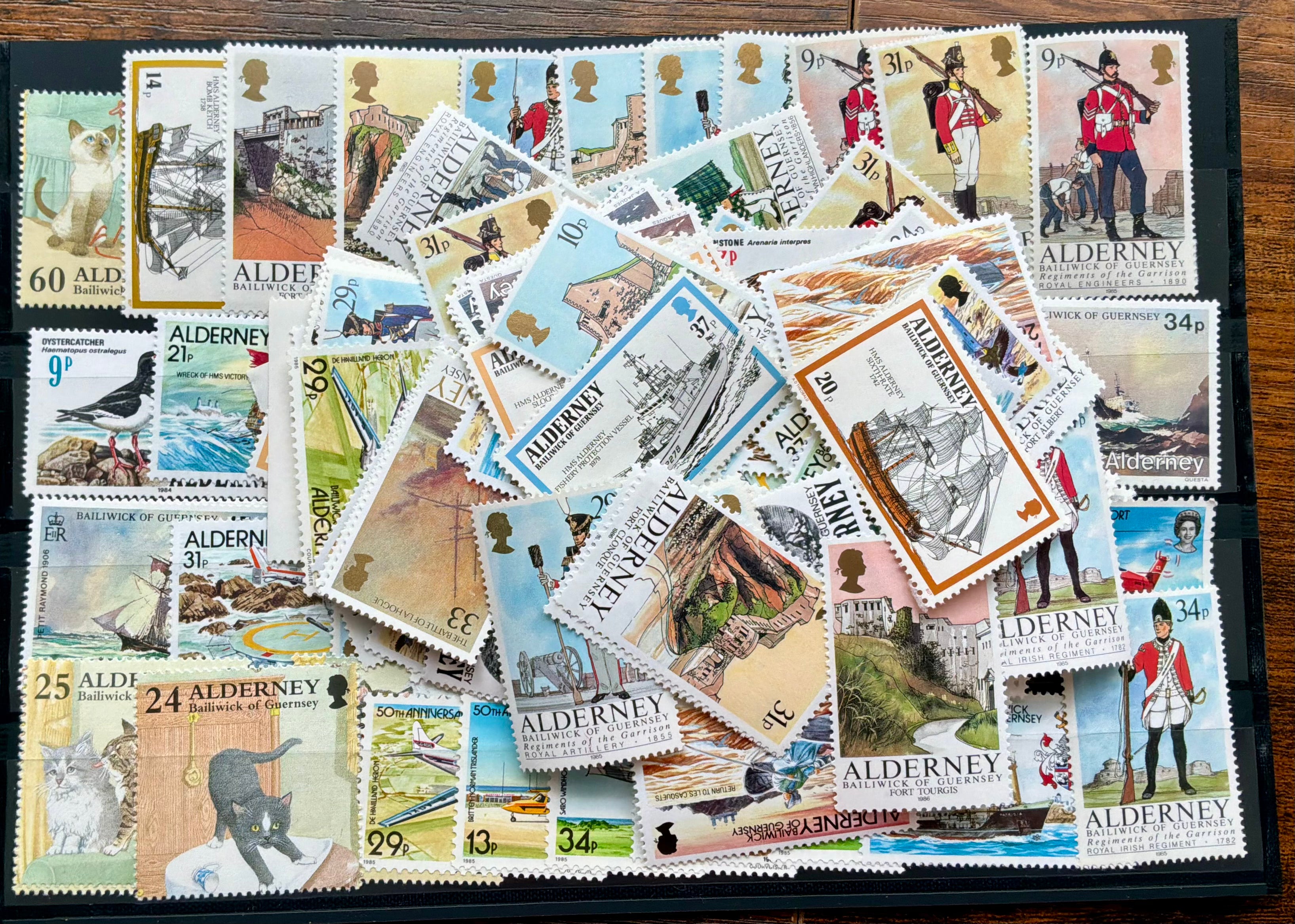 Alderney & Guernsey Stamp Collection Lot - 1980s/90s Mint Selection - Ships, Cats, Military (LOT G2701)
