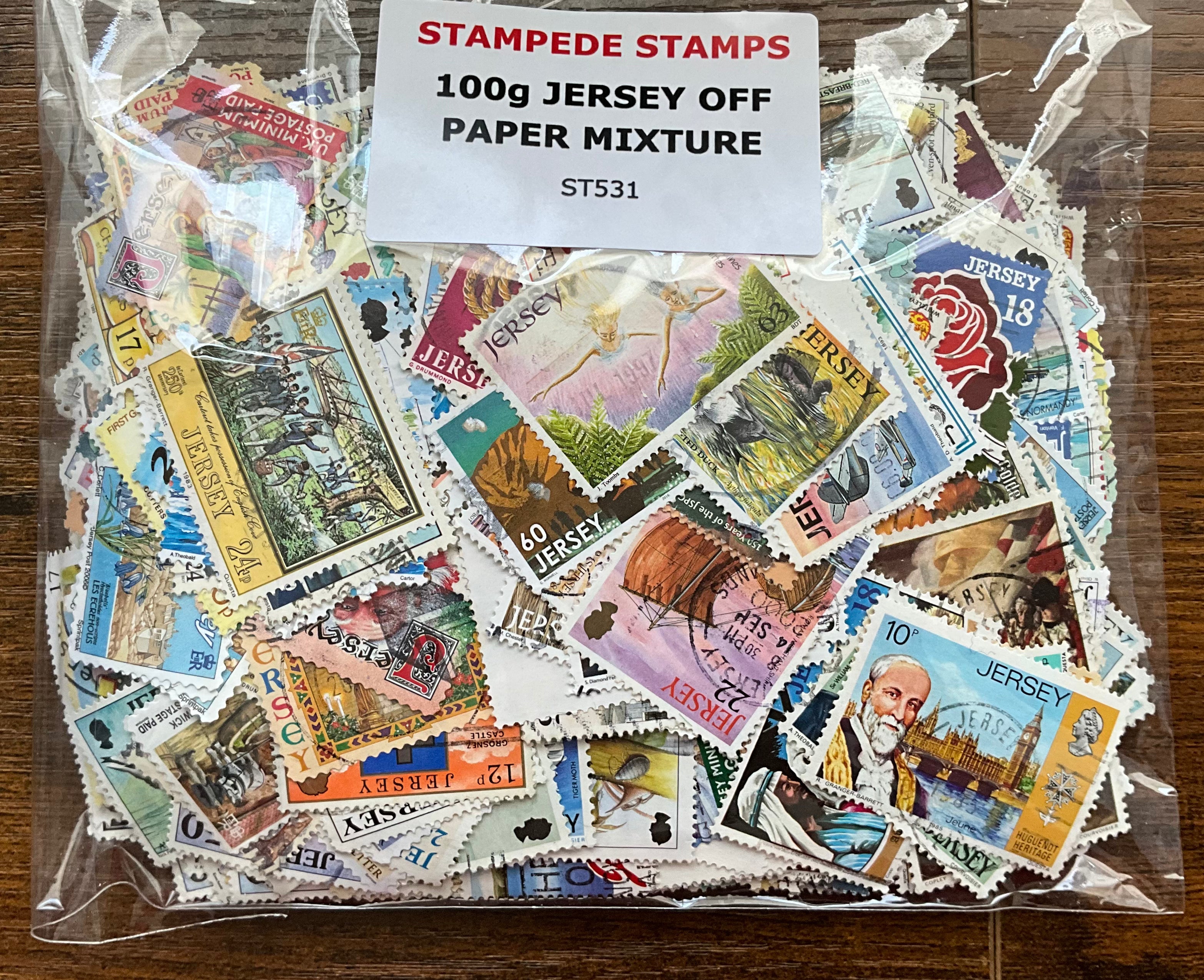 100g Jersey Off-Paper Stamp Mixture - 800+ Stamps - Modern & Vintage Regional Issues - LOT ST531