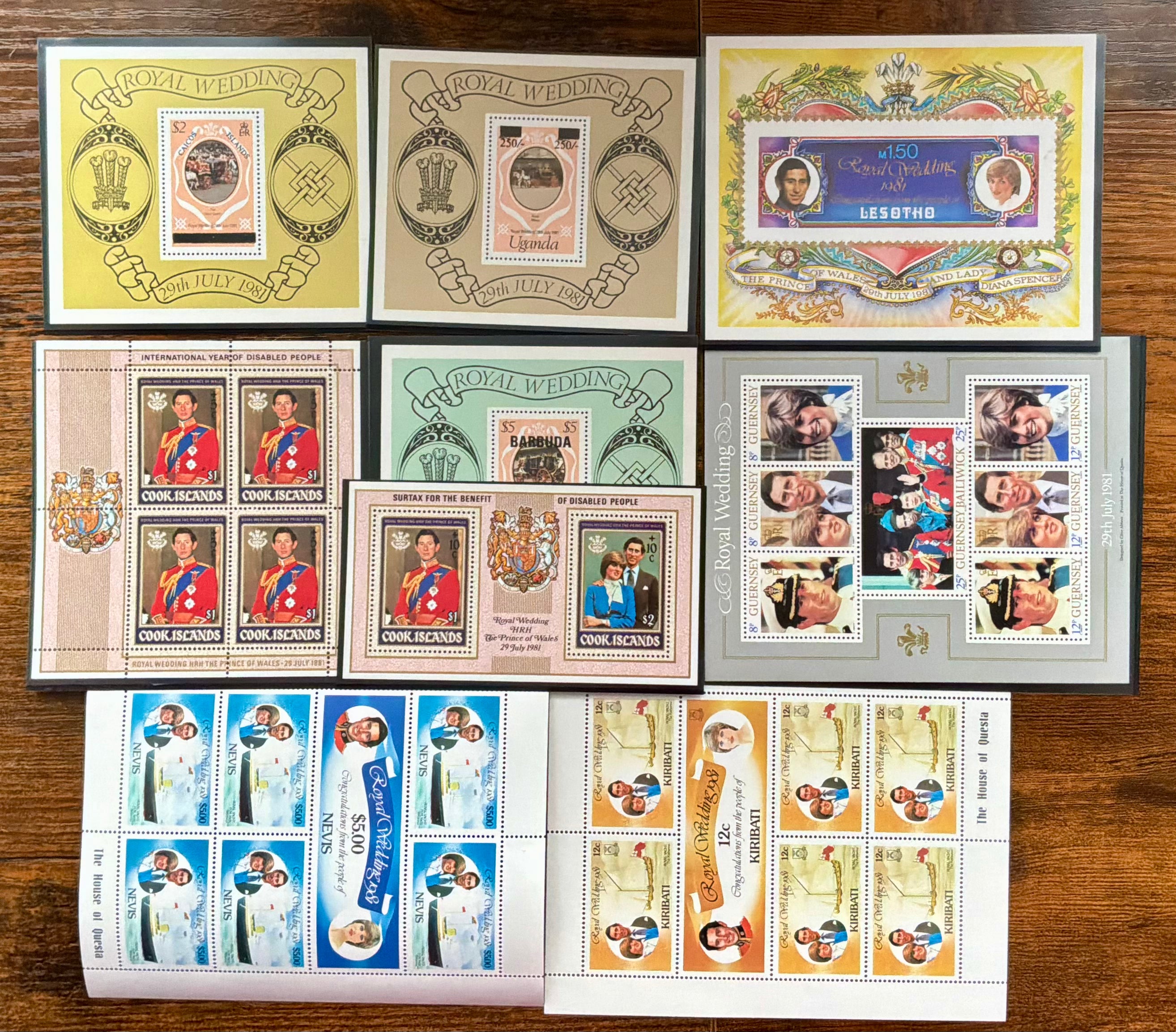 1981 Royal Wedding 9-Sheetlet Collection - Cook Islands Surtax, Lesotho, Nevis & Guernsey - MNH