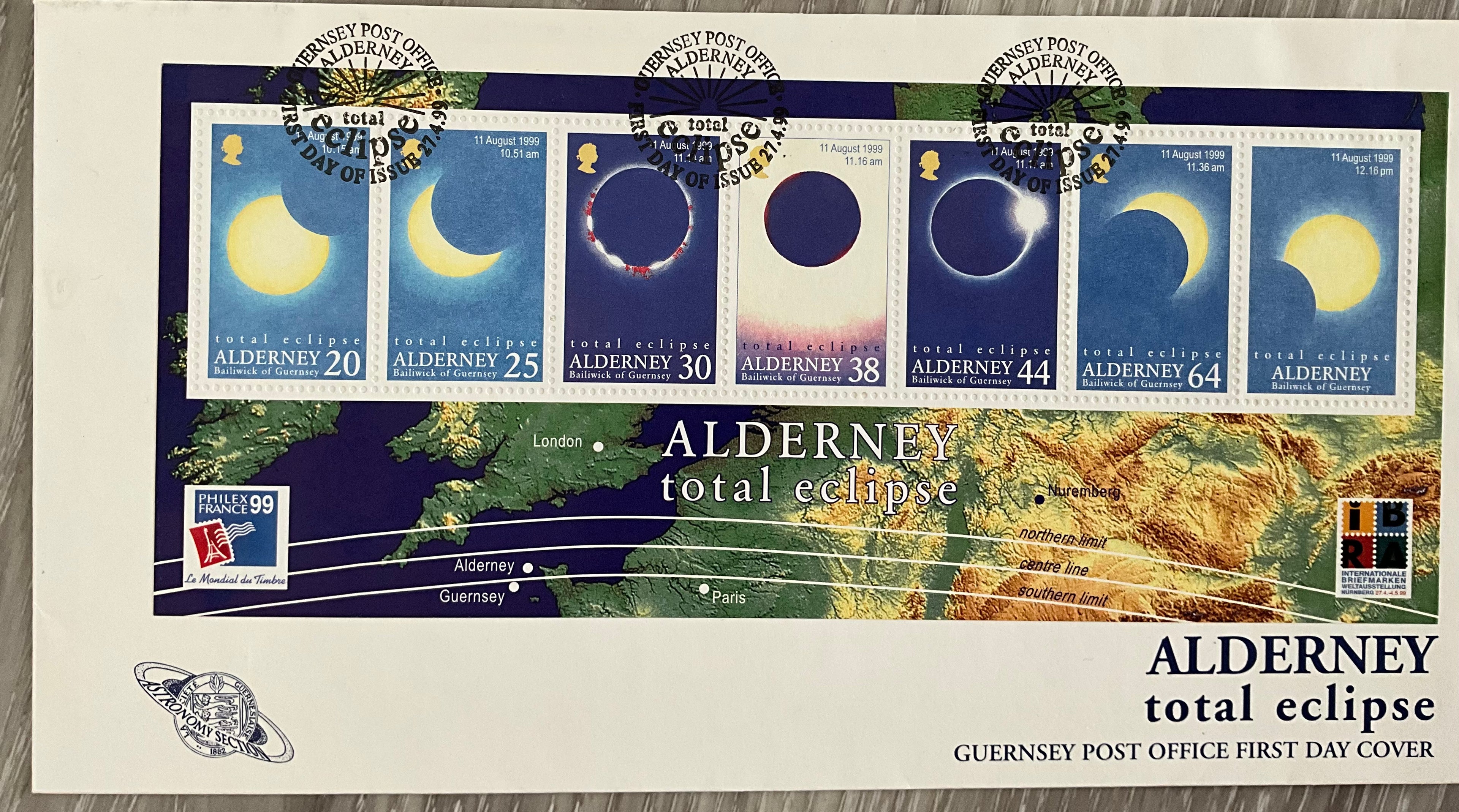 1999 Alderney "Total Solar Eclipse" First Day Cover (FDC) – Unaddressed