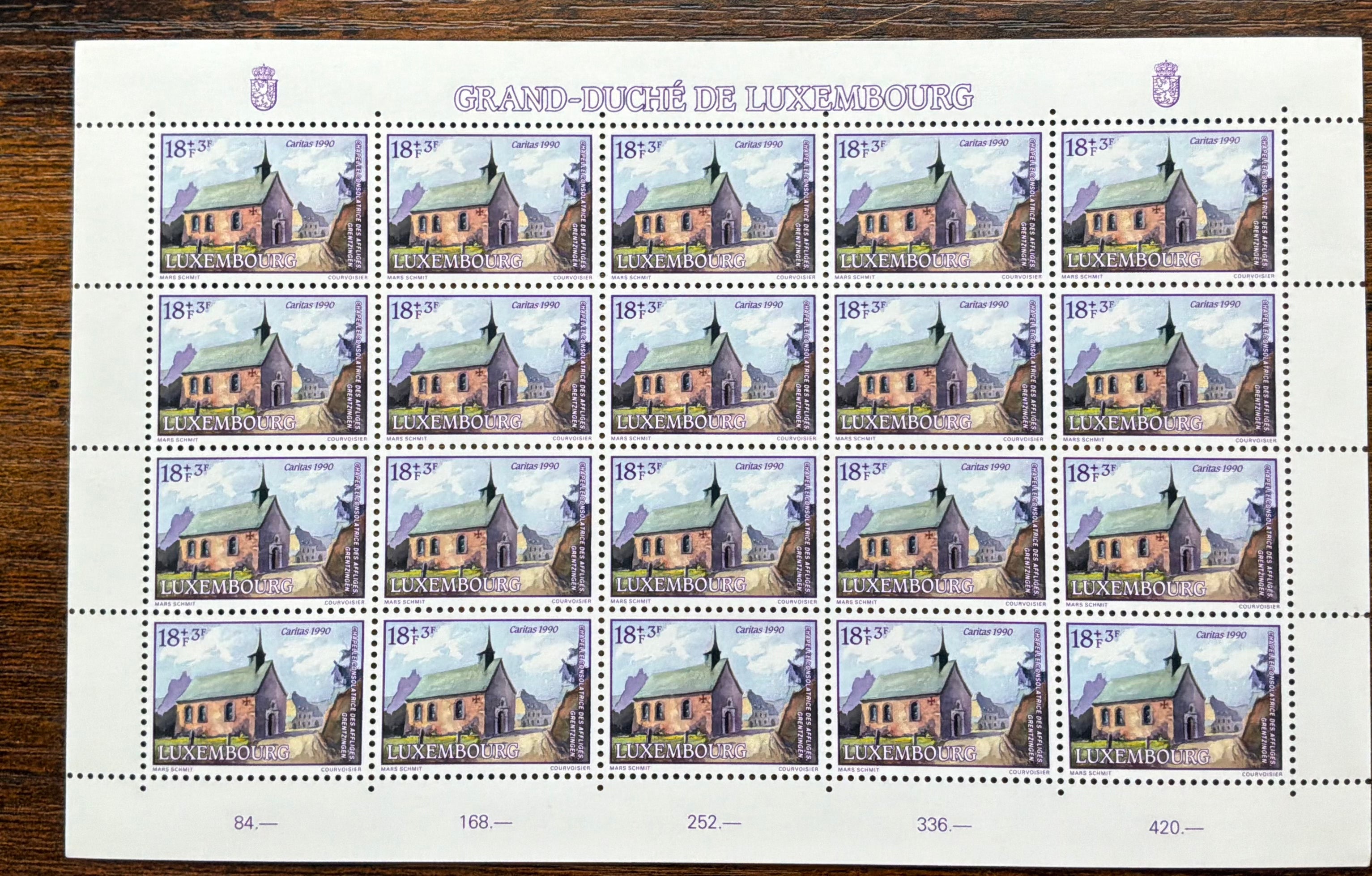 Luxembourg 1990 Caritas Full Sheet (20) - 18+3F Grentzingen Chapel - MNH (LOT E2532)