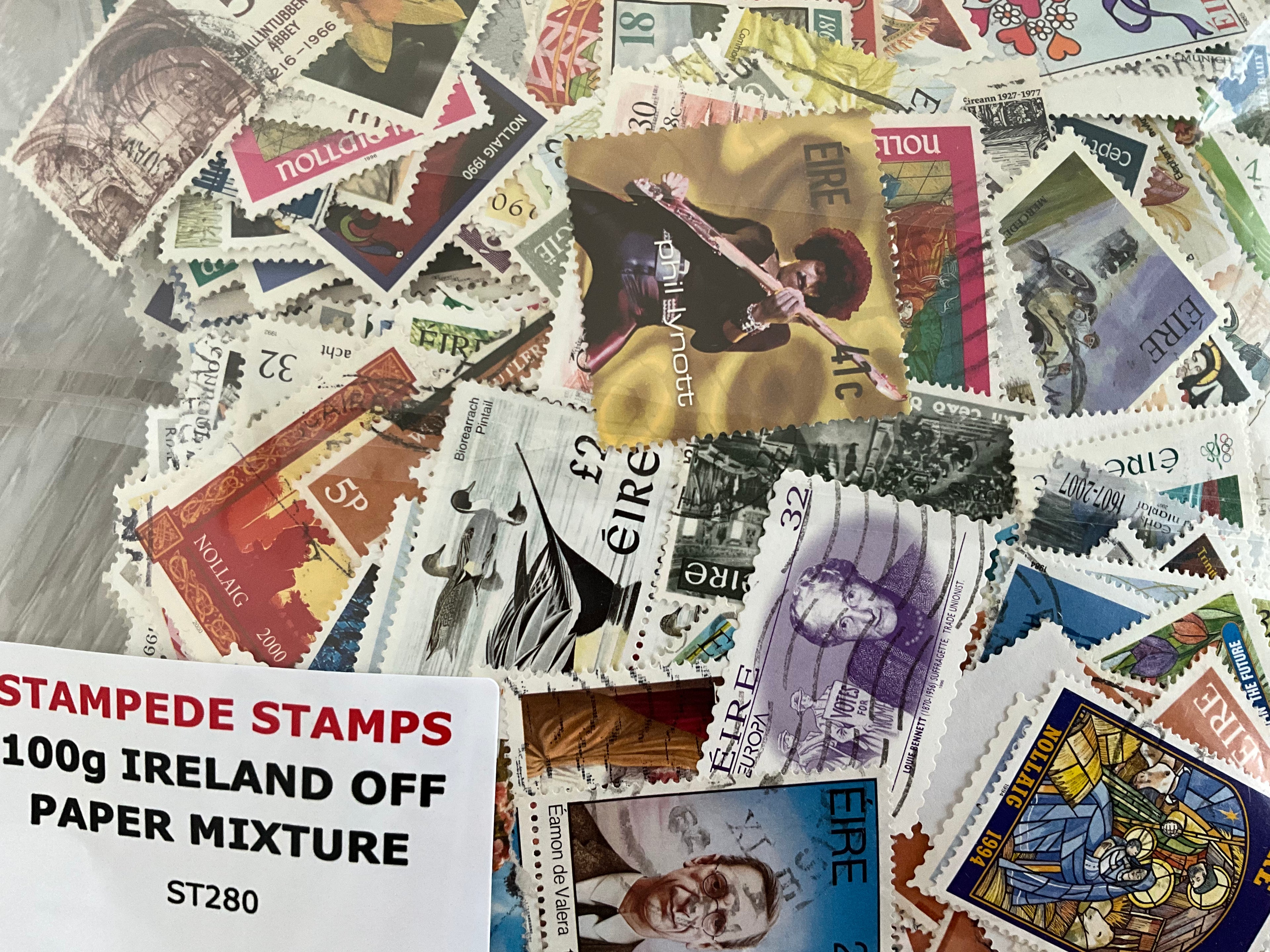 100g Ireland (Éire) Off-Paper Stamp Mixture - 500+ Stamps - Includes Phil Lynott & Thematics