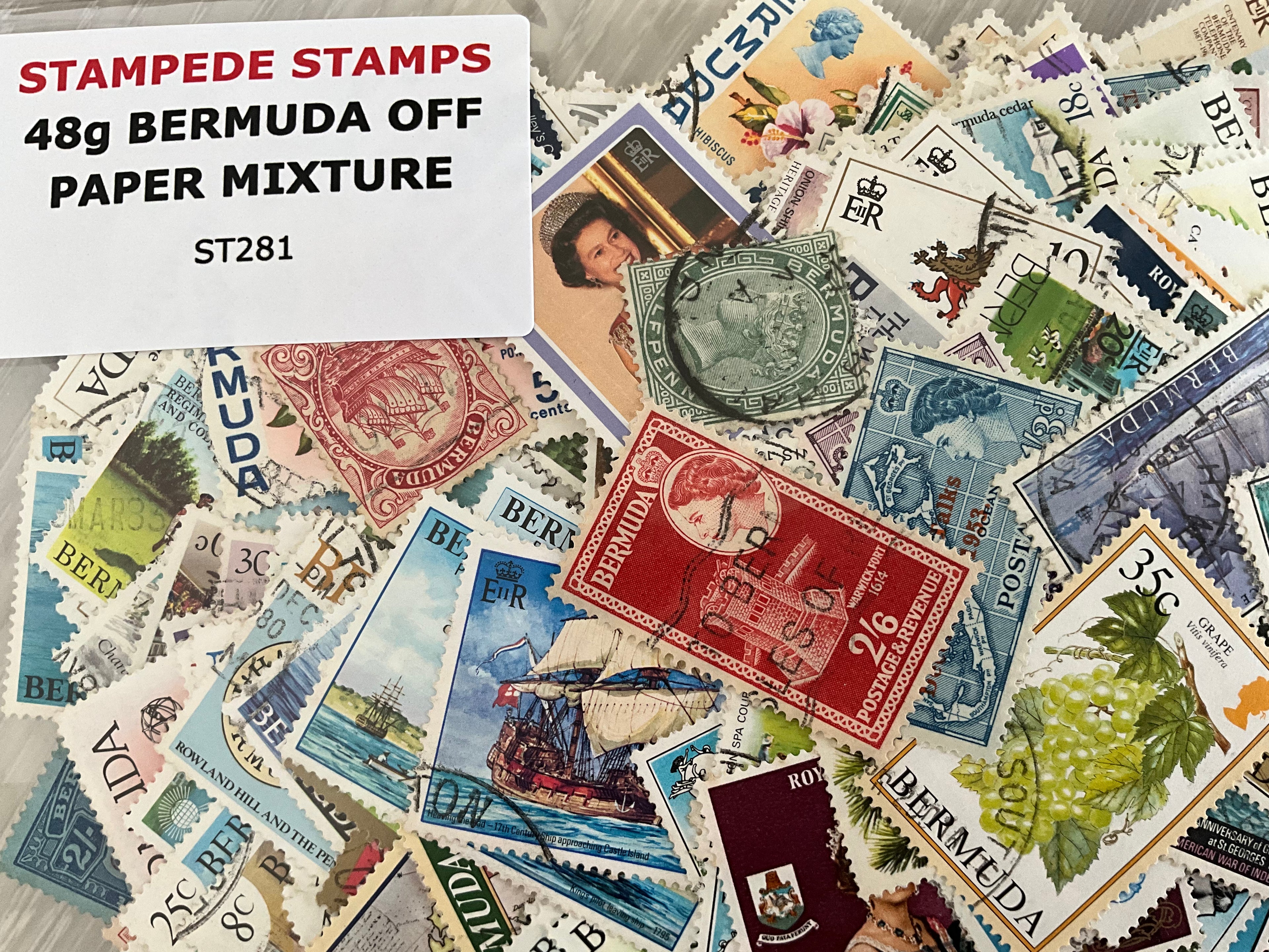 48g Bermuda Off-Paper Stamp Mixture - Approx. 400 Stamps - Ship & Floral Thematics