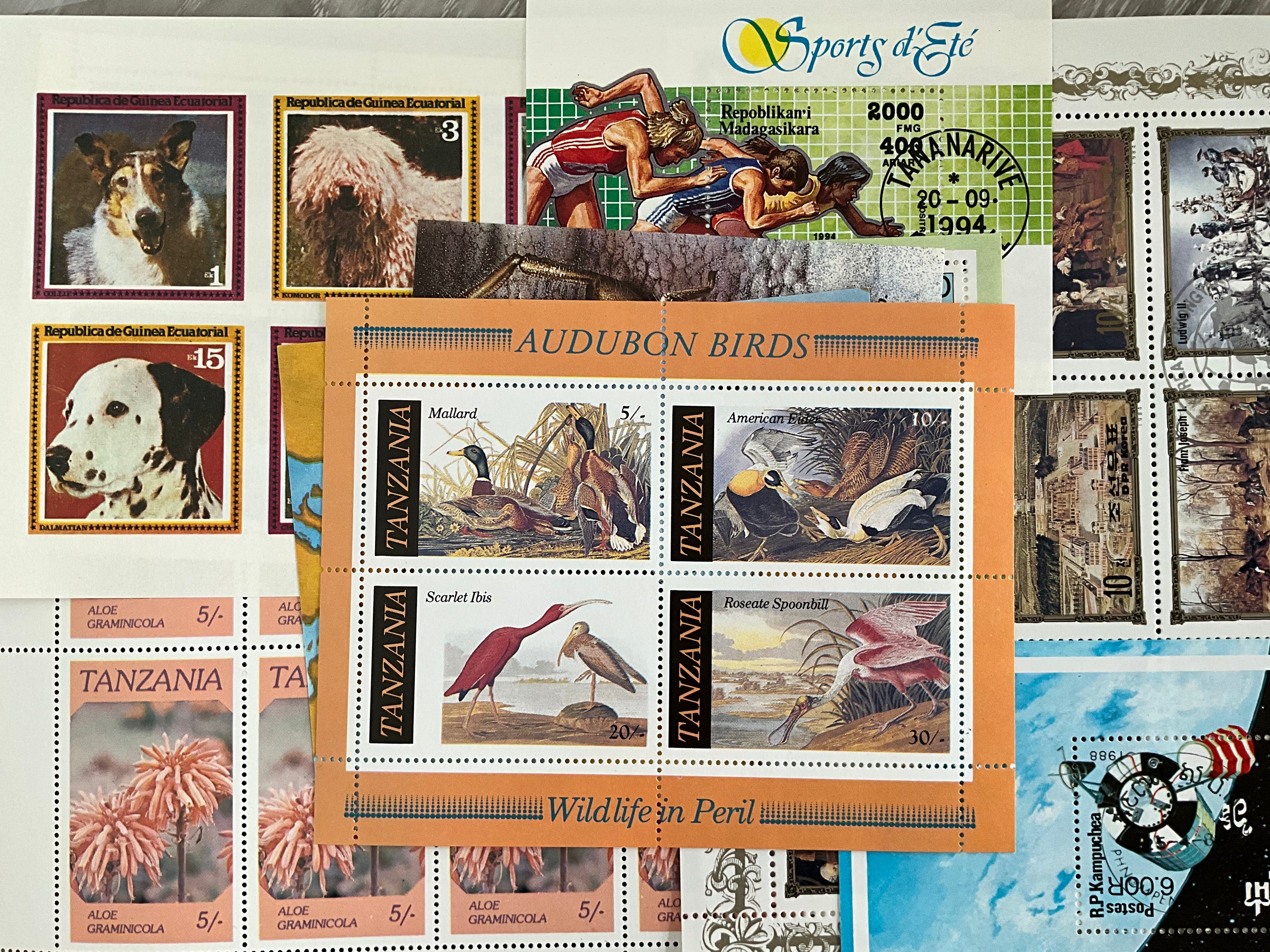 Lot of 10 World Miniature Sheets – Audubon Birds, Dog Breeds, Sports & Nature (MNH)