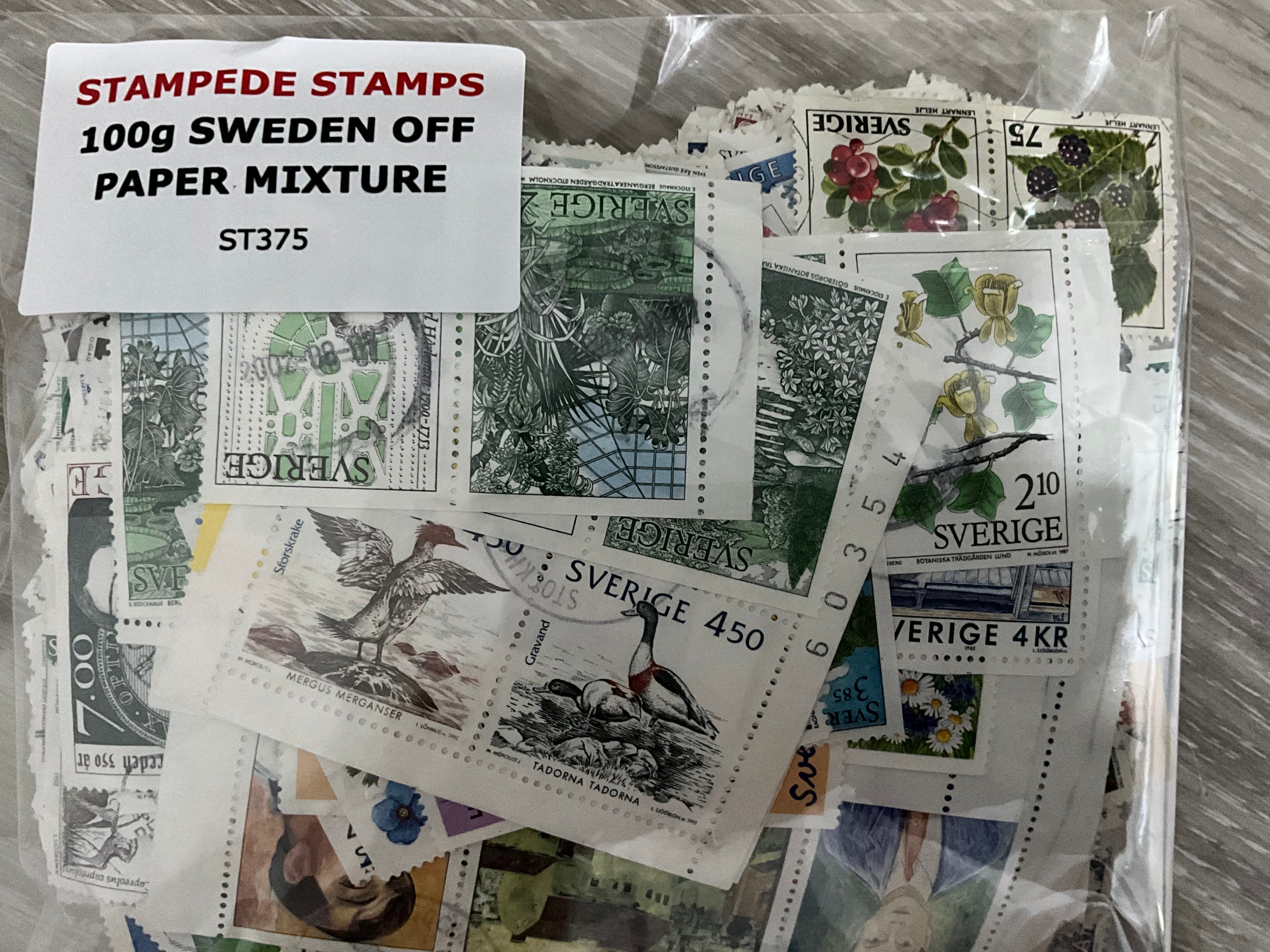 100g Sweden (Sverige) Off-Paper Stamp Mixture – Large Unsorted Lot – Birds, Flowers & Nature - LOT ST375